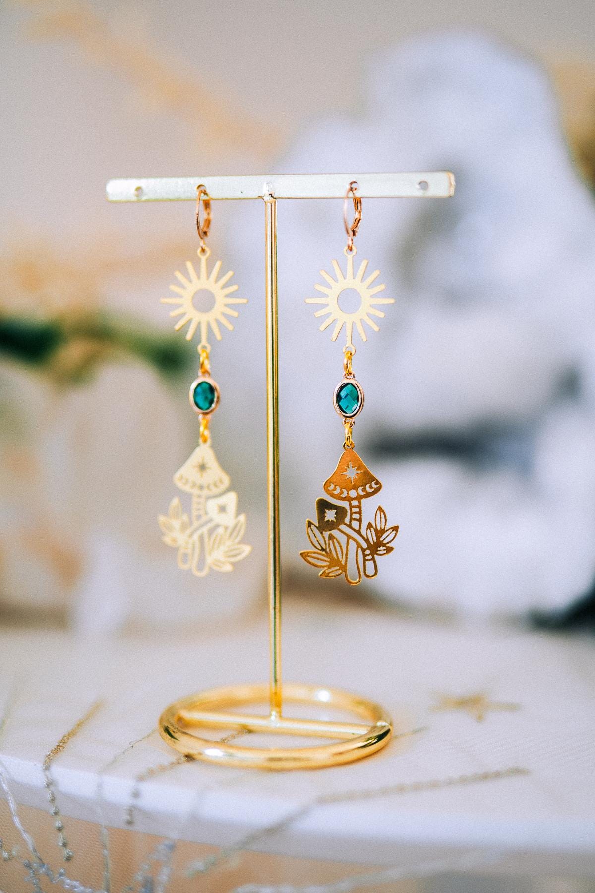Golden Sun Mushroom Earrings Emerald Crystal Celestial Boho Jewelry