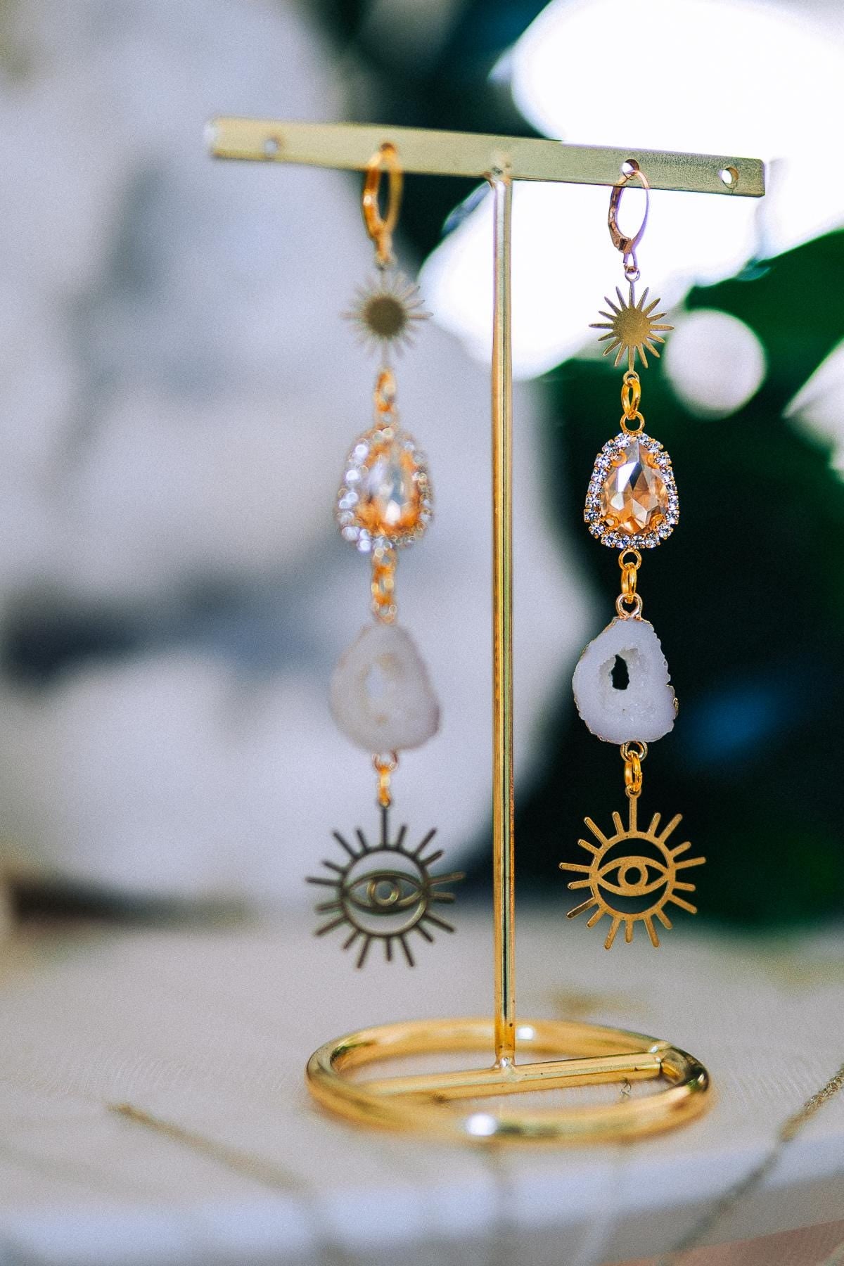 Golden Sun Eye Earrings Crystal Druzy Drop Celestial Goddess Jewelry