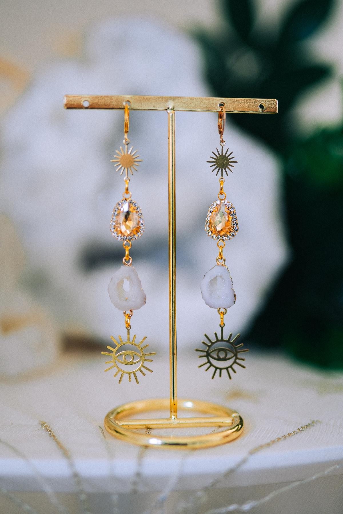 Golden Sun Eye Earrings Crystal Druzy Drop Celestial Goddess Jewelry