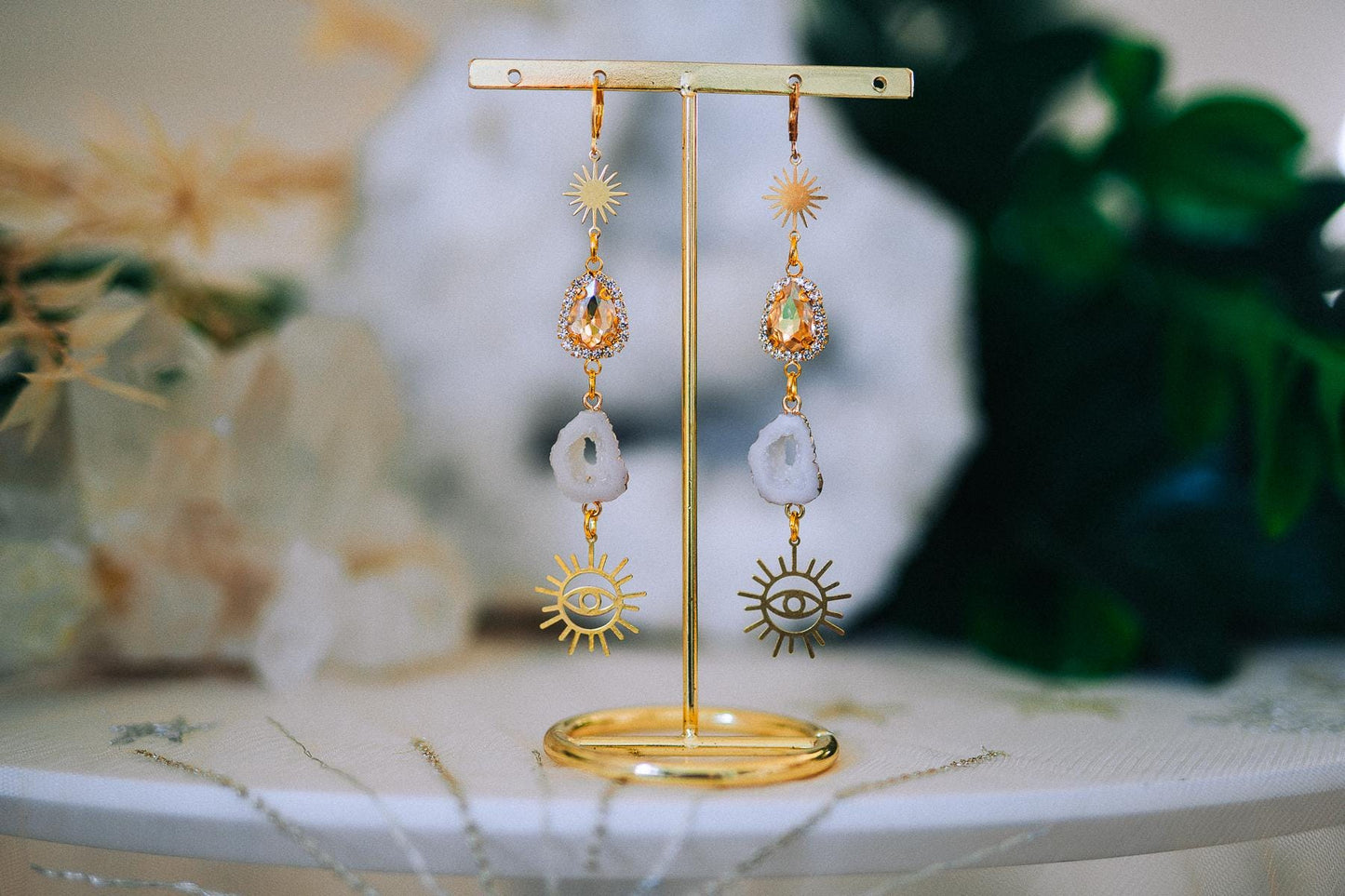 Golden Sun Eye Earrings Crystal Druzy Drop Celestial Goddess Jewelry