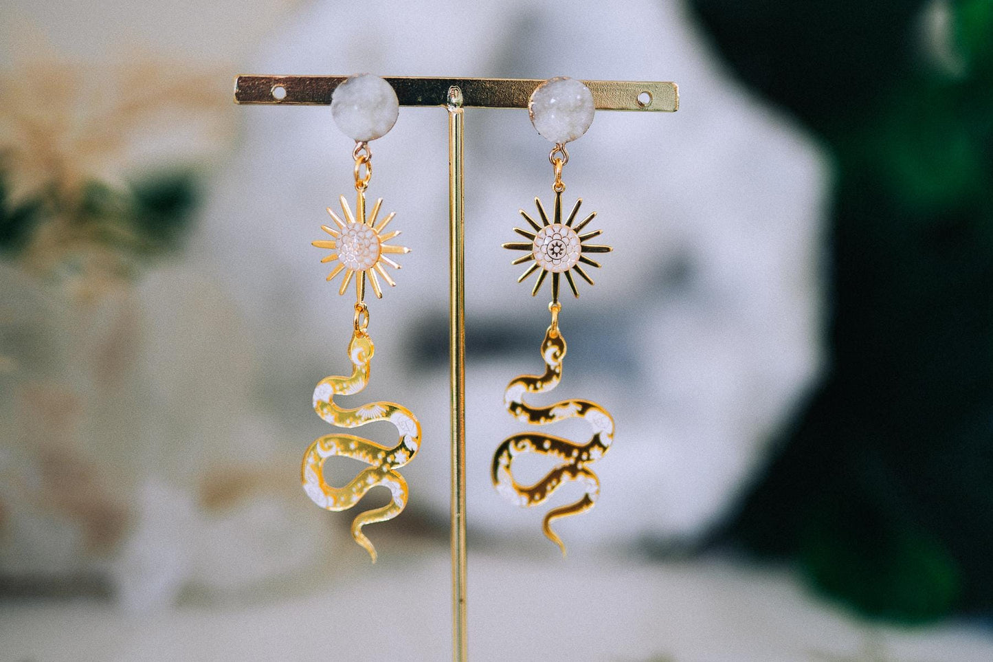 Golden Snake Earrings Sun Symbol Celestial Boho Drop Jewelry