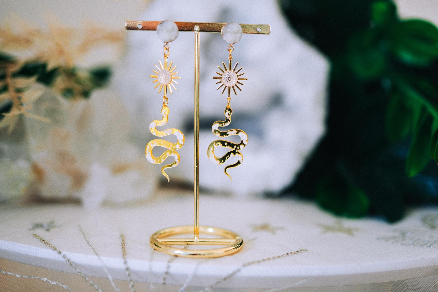Golden Snake Earrings Sun Symbol Celestial Boho Drop Jewelry