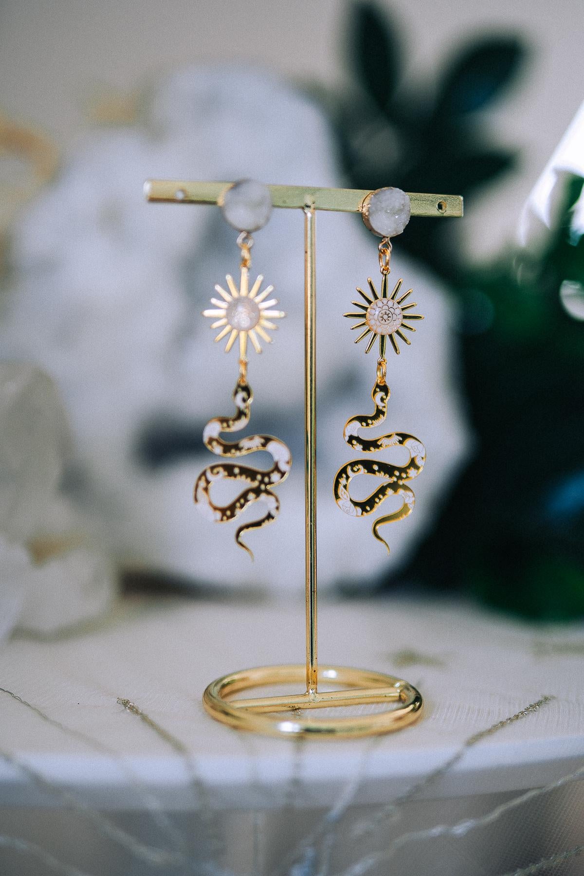 Golden Snake Earrings Sun Symbol Celestial Boho Drop Jewelry