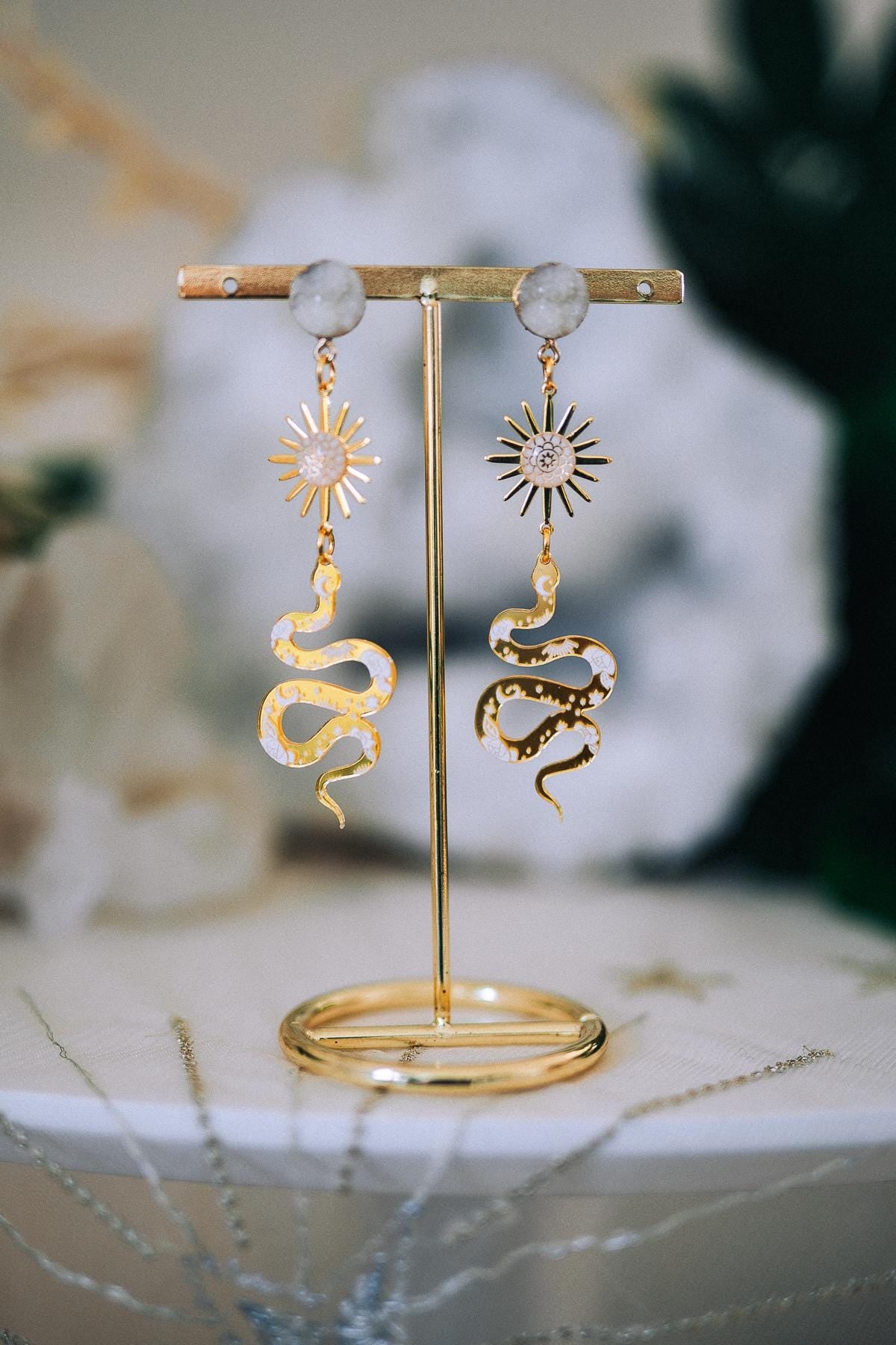 Golden Snake Earrings Sun Symbol Celestial Boho Drop Jewelry
