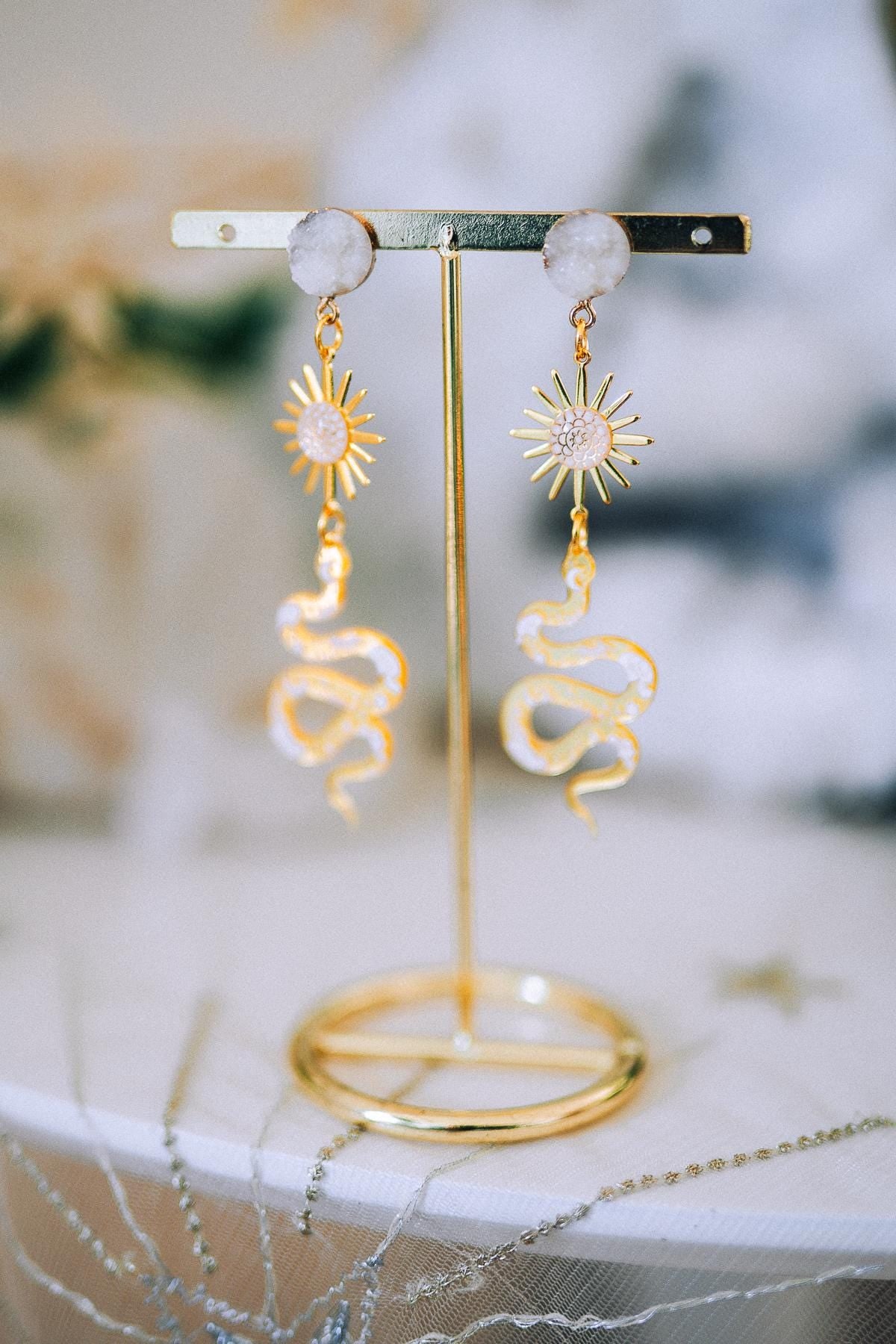 Golden Snake Earrings Sun Symbol Celestial Boho Drop Jewelry
