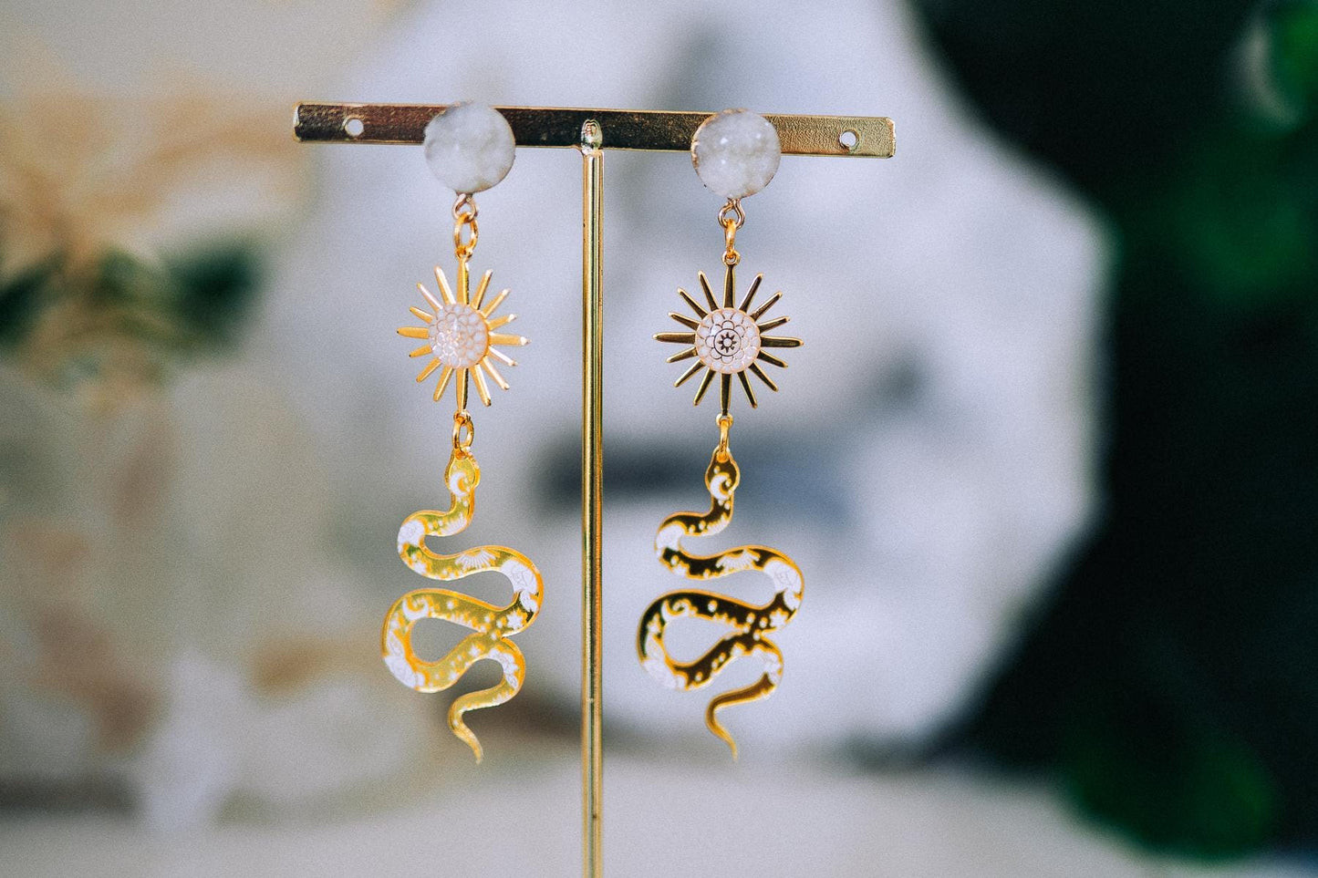 Golden Snake Earrings Sun Symbol Celestial Boho Drop Jewelry