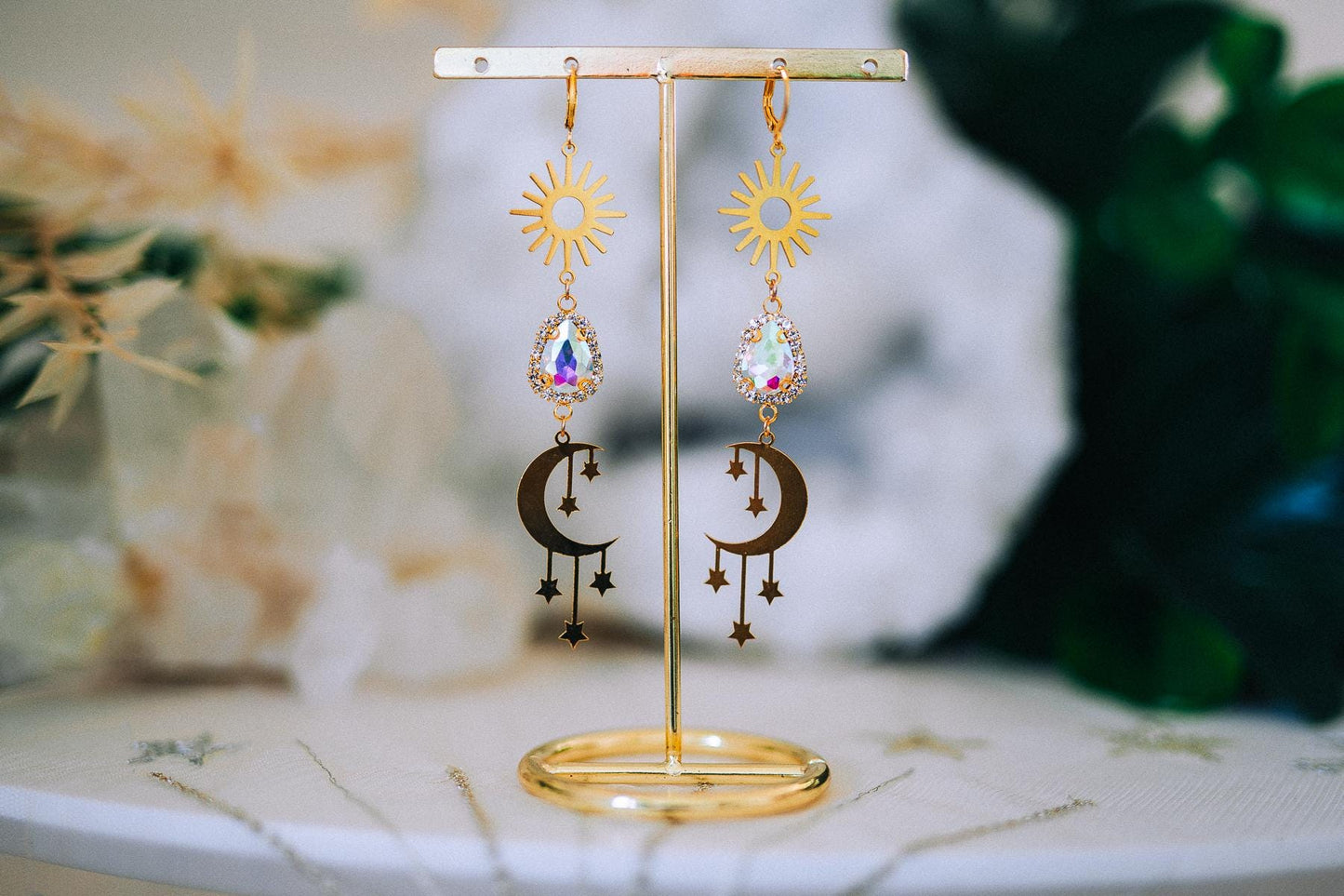 Golden Sun Moon Earrings Aurora Crystal Celestial Drop Jewelry