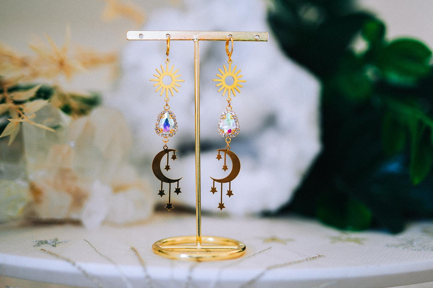 Golden Sun Moon Earrings Aurora Crystal Celestial Drop Jewelry