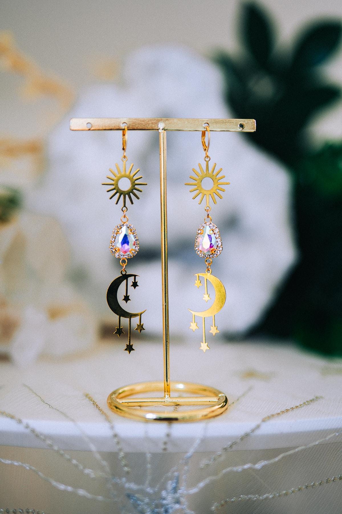 Golden Sun Moon Earrings Aurora Crystal Celestial Drop Jewelry
