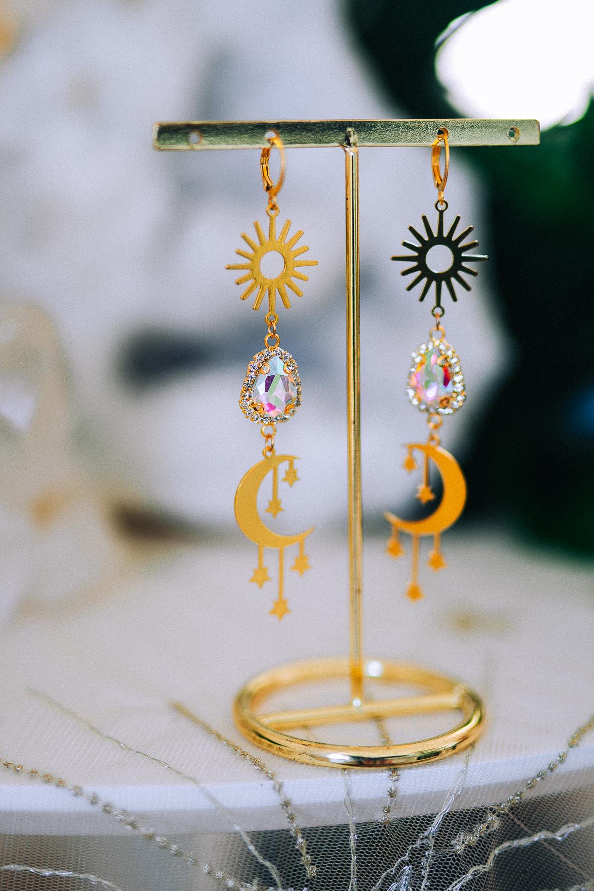 Golden Sun Moon Earrings Aurora Crystal Celestial Drop Jewelry