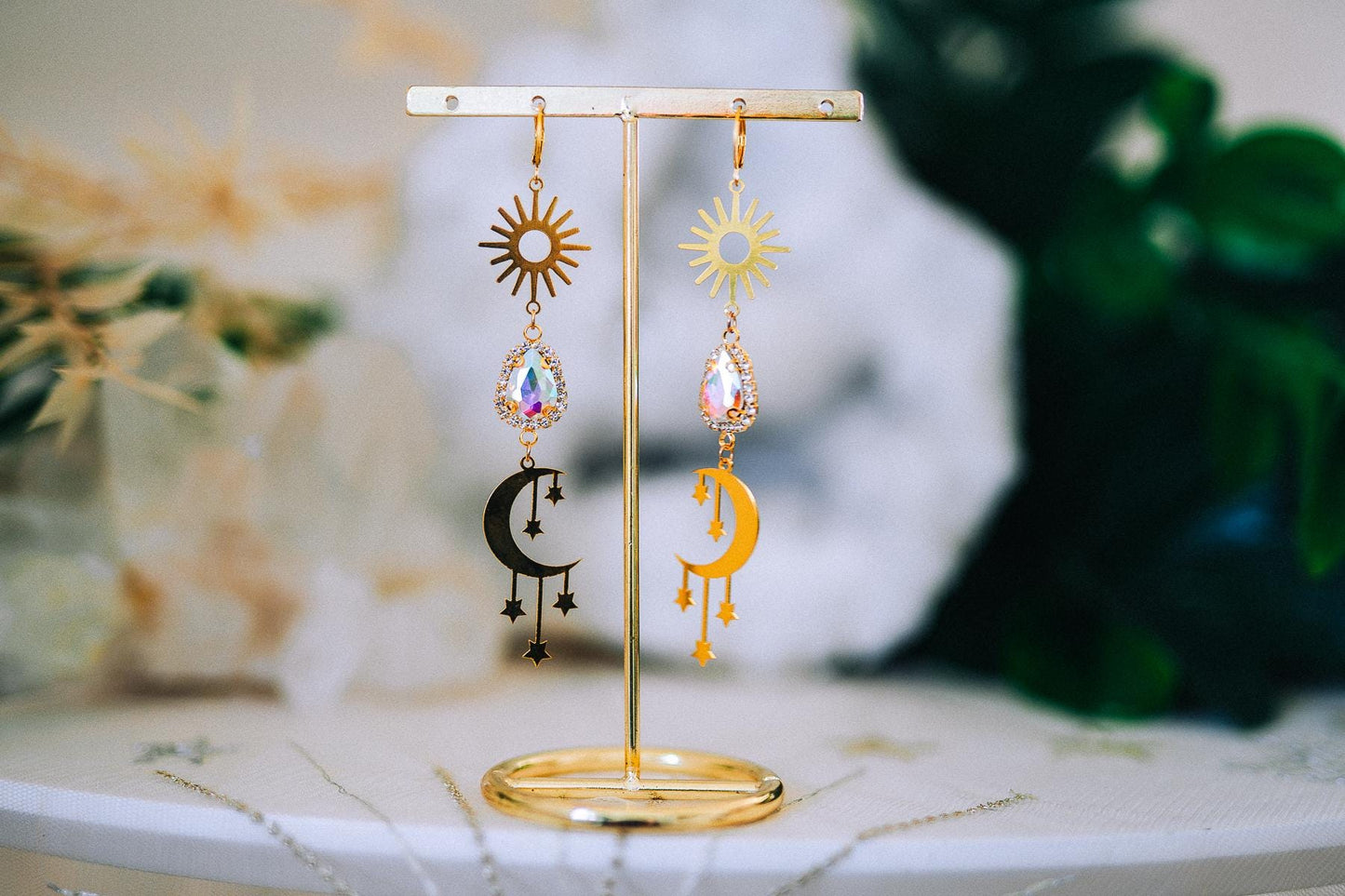 Golden Sun Moon Earrings Aurora Crystal Celestial Drop Jewelry