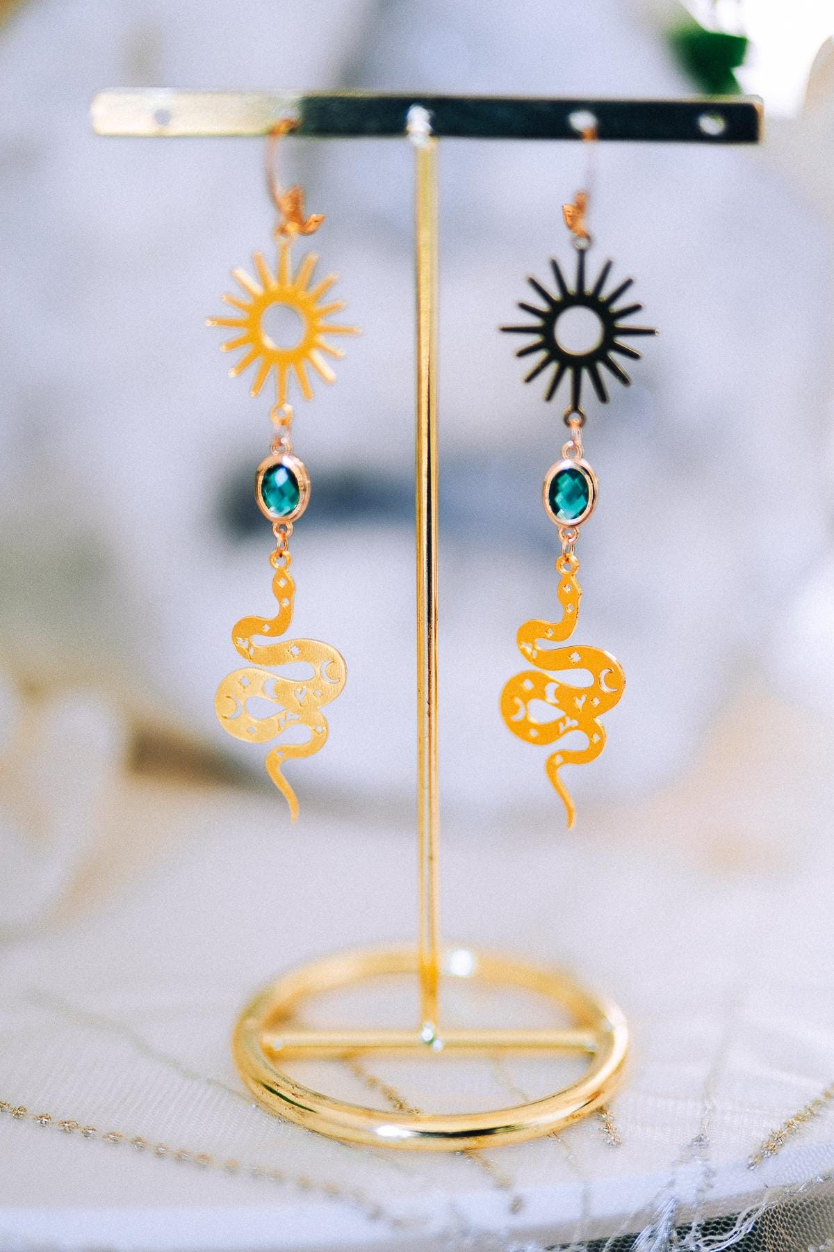 Golden Snake Earrings Emerald Crystal Sun Celestial Drop Jewelry