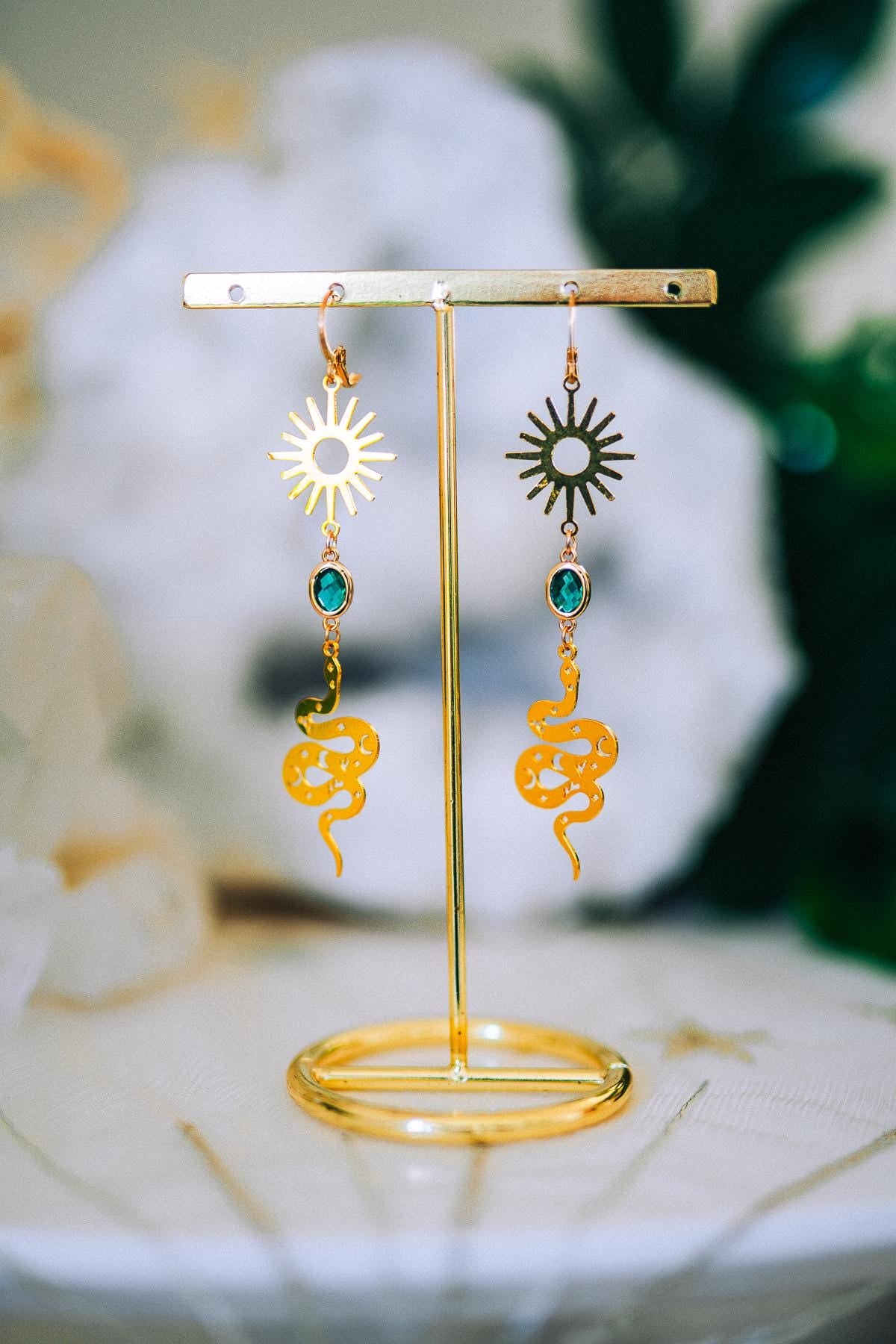 Golden Snake Earrings Emerald Crystal Sun Celestial Drop Jewelry
