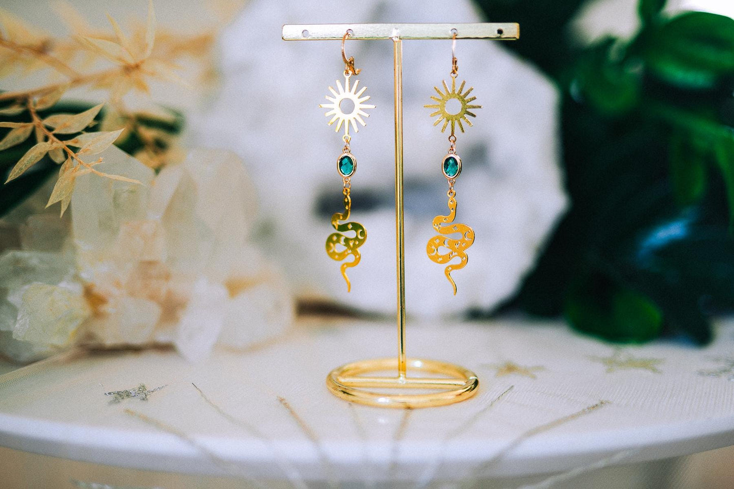 Golden Snake Earrings Emerald Crystal Sun Celestial Drop Jewelry