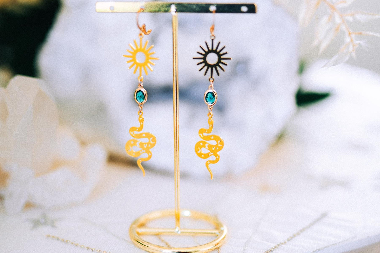 Golden Snake Earrings Emerald Crystal Sun Celestial Drop Jewelry