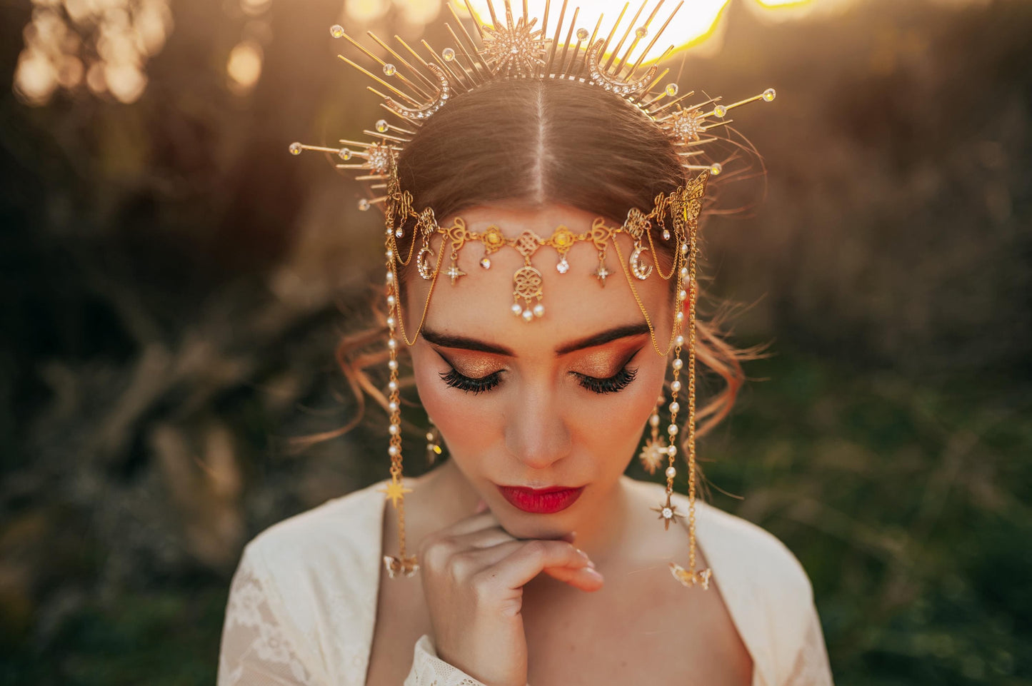 Celestial Halo Crown Gold Bridal Crown Moonchild Headpiece Star Pearl Goddess Crown