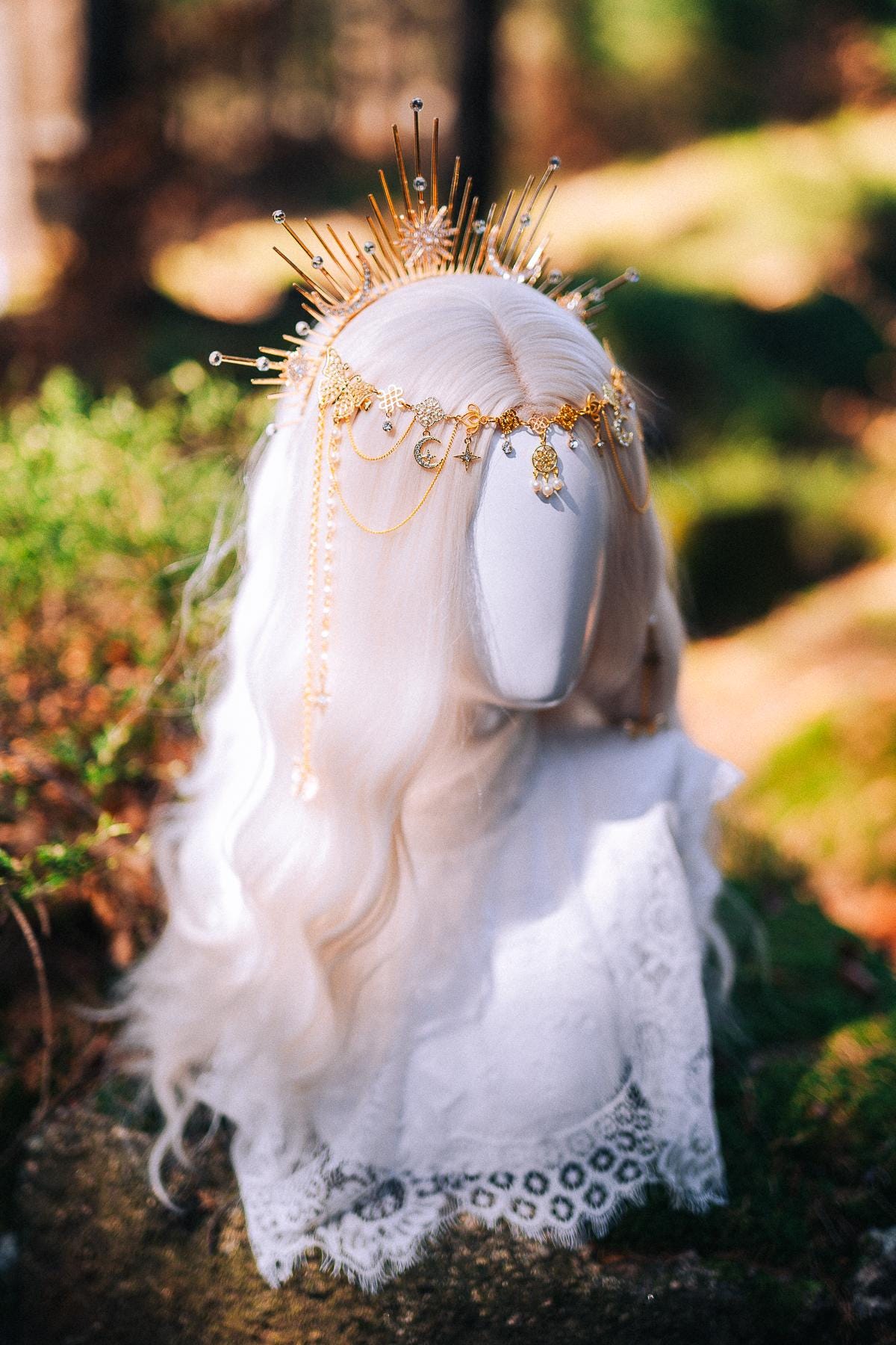 Celestial Halo Crown Gold Bridal Crown Moonchild Headpiece Star Pearl Goddess Crown