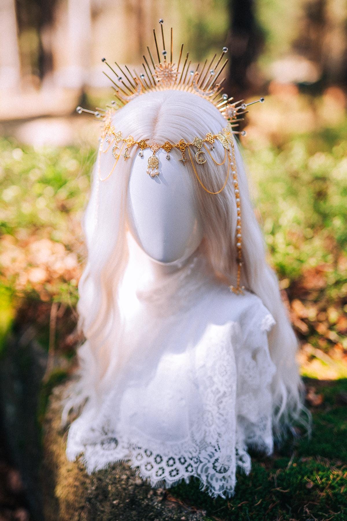 Celestial Halo Crown Gold Bridal Crown Moonchild Headpiece Star Pearl Goddess Crown