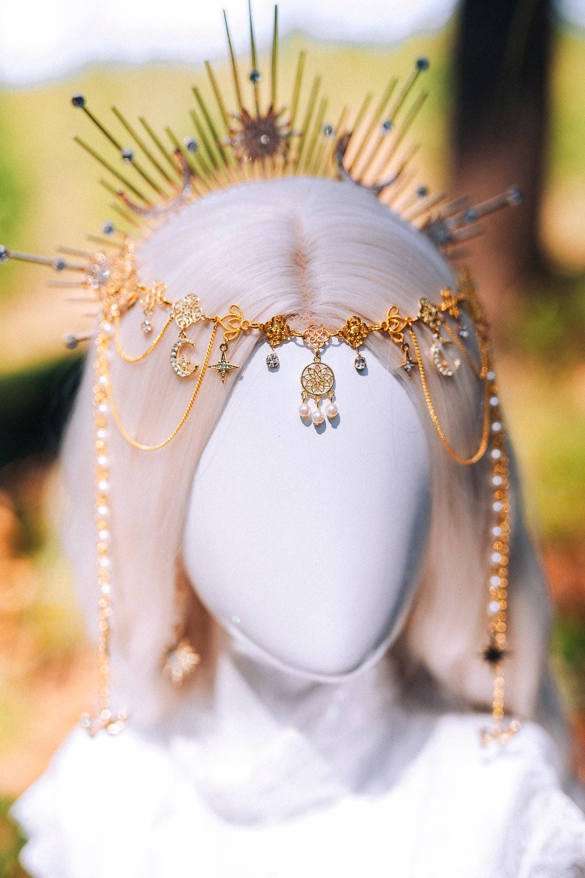 Celestial Halo Crown Gold Bridal Crown Moonchild Headpiece Star Pearl Goddess Crown