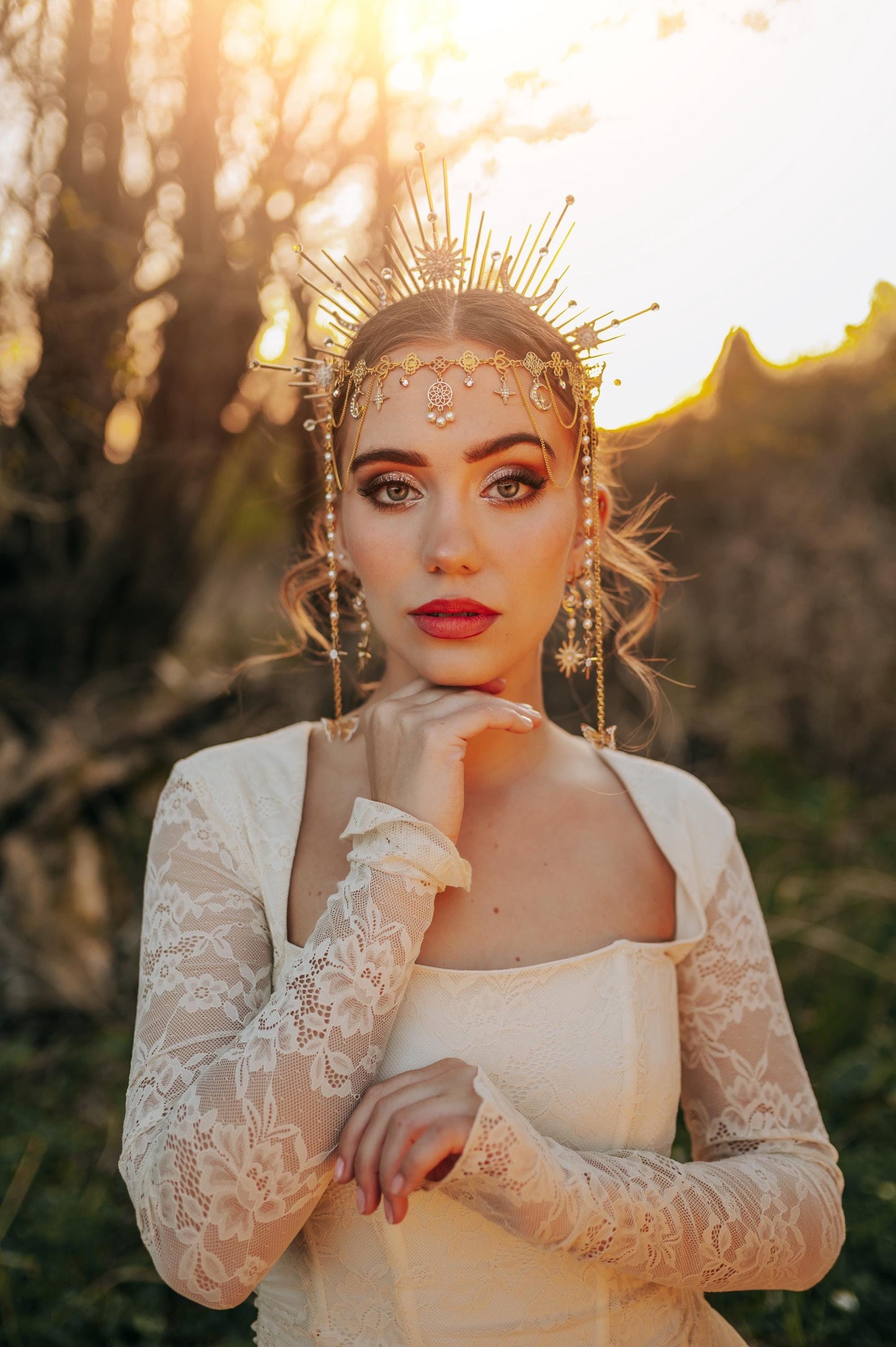 Celestial Halo Crown Gold Bridal Crown Moonchild Headpiece Star Pearl Goddess Crown