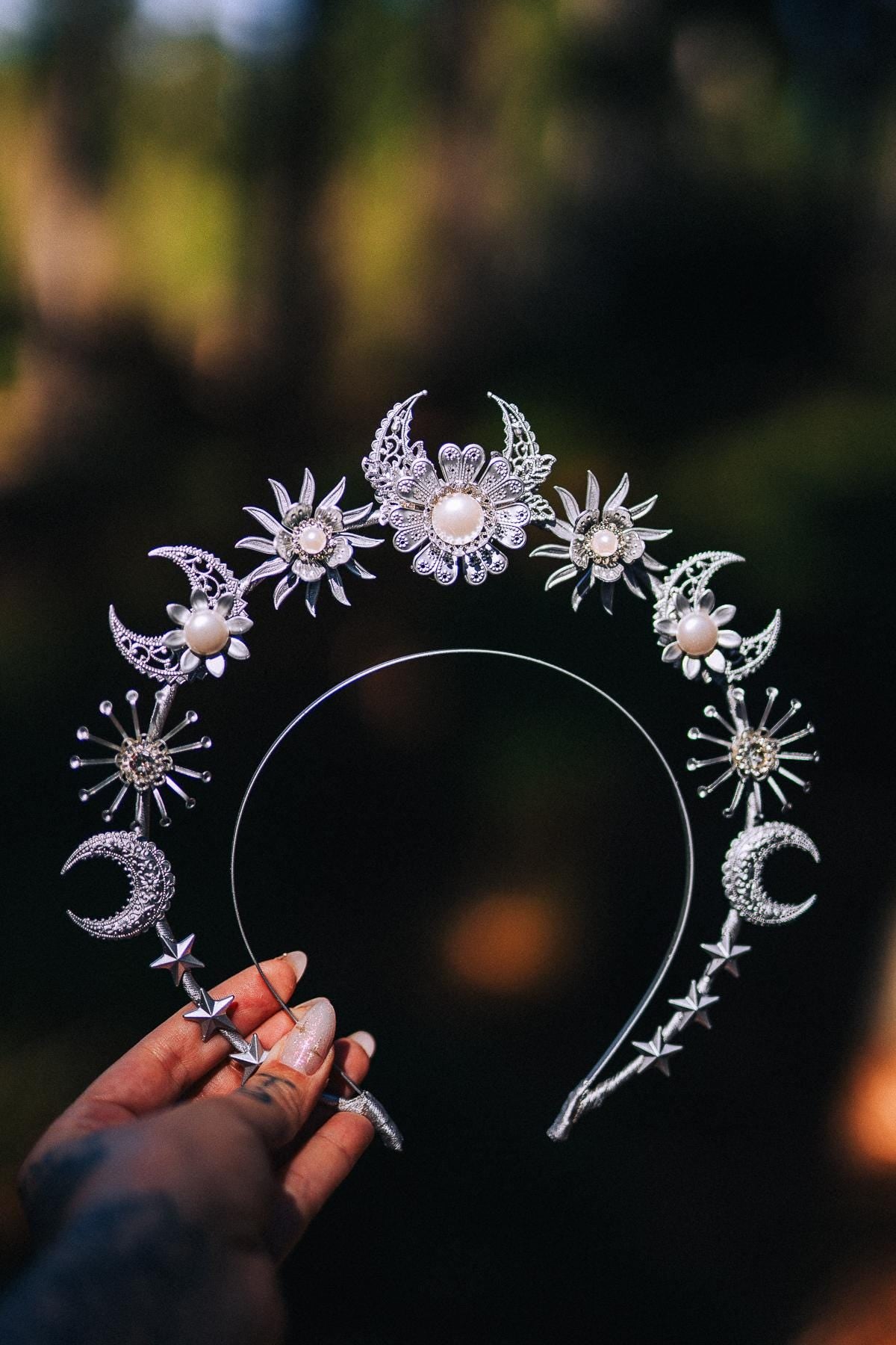 Silver Halo Crown Boho Bridal Crown Butterfly Wedding Headpiece Festival Bride