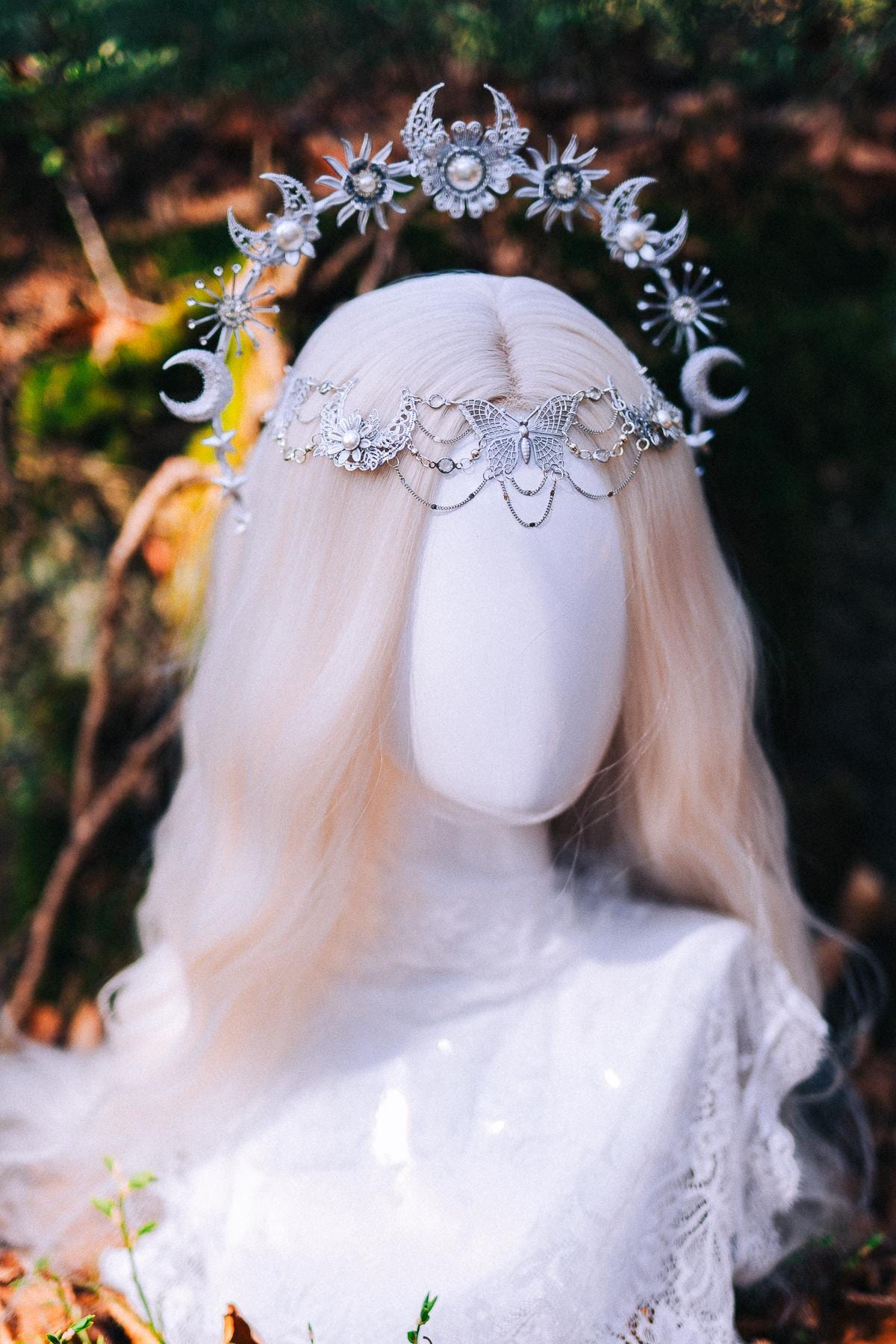 Silver Halo Crown Boho Bridal Crown Butterfly Wedding Headpiece Festival Bride