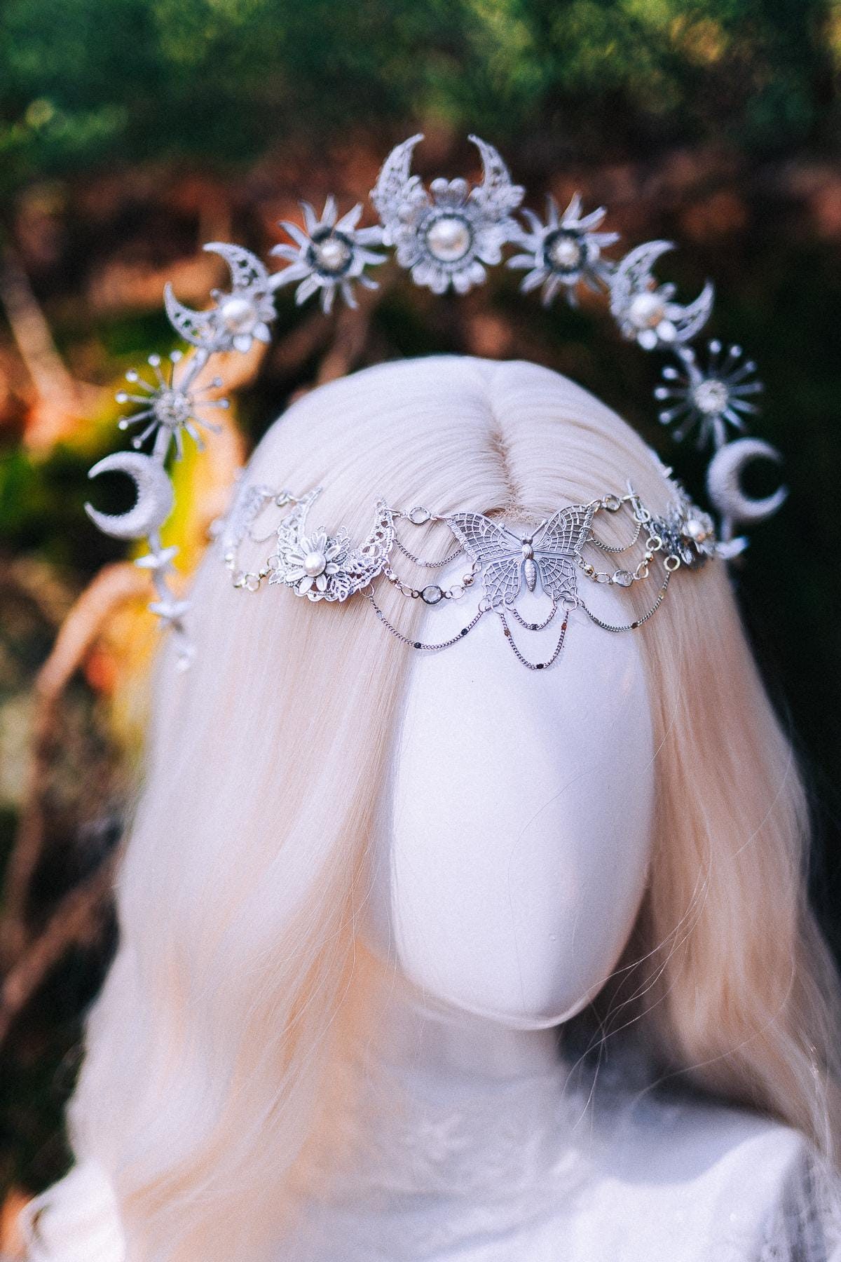 Silver Halo Crown Boho Bridal Crown Butterfly Wedding Headpiece Festival Bride