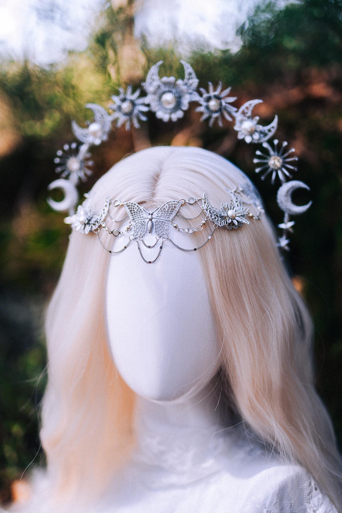 Silver Halo Crown Boho Bridal Crown Butterfly Wedding Headpiece Festival Bride