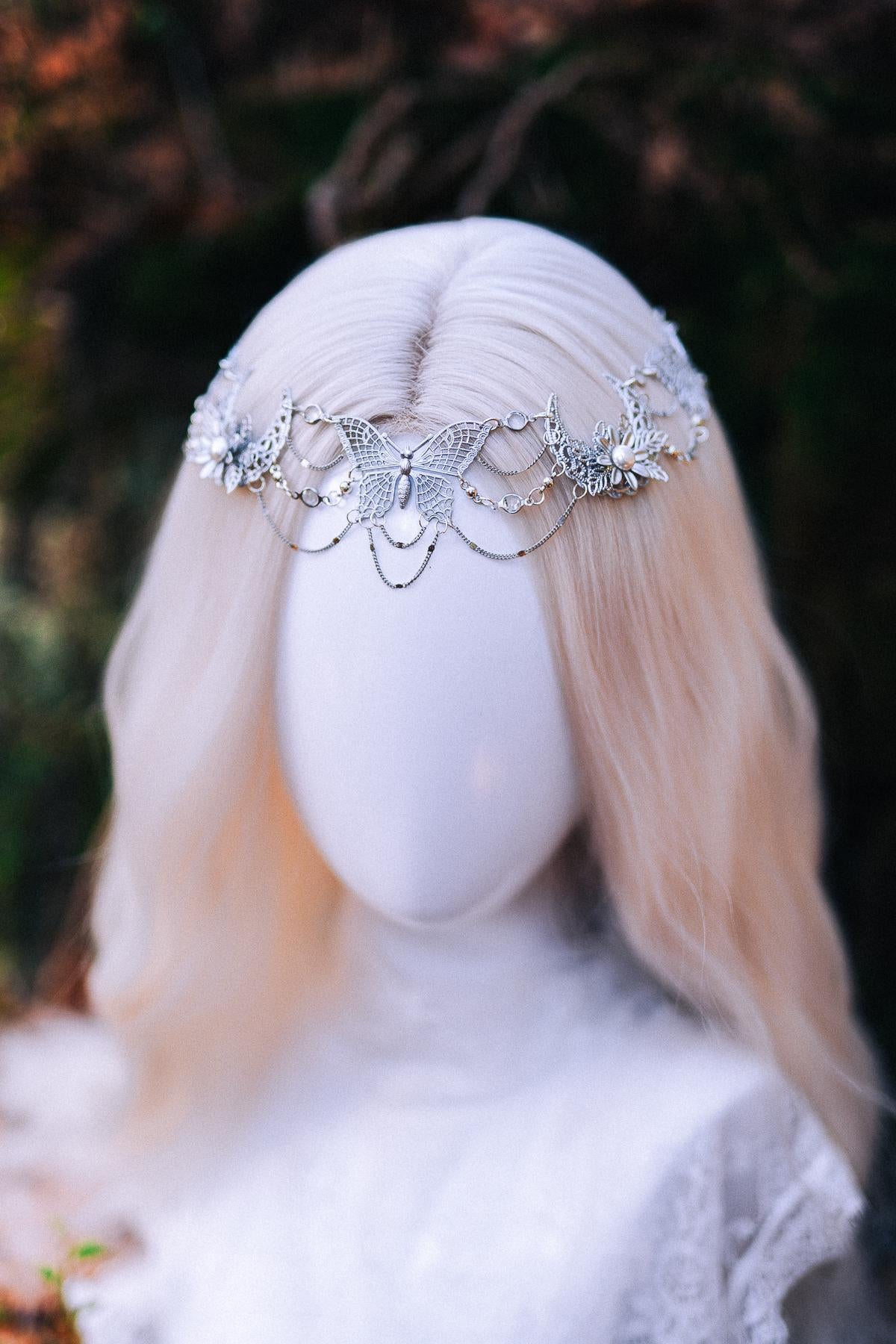 Silver Halo Crown Boho Bridal Crown Butterfly Wedding Headpiece Festival Bride