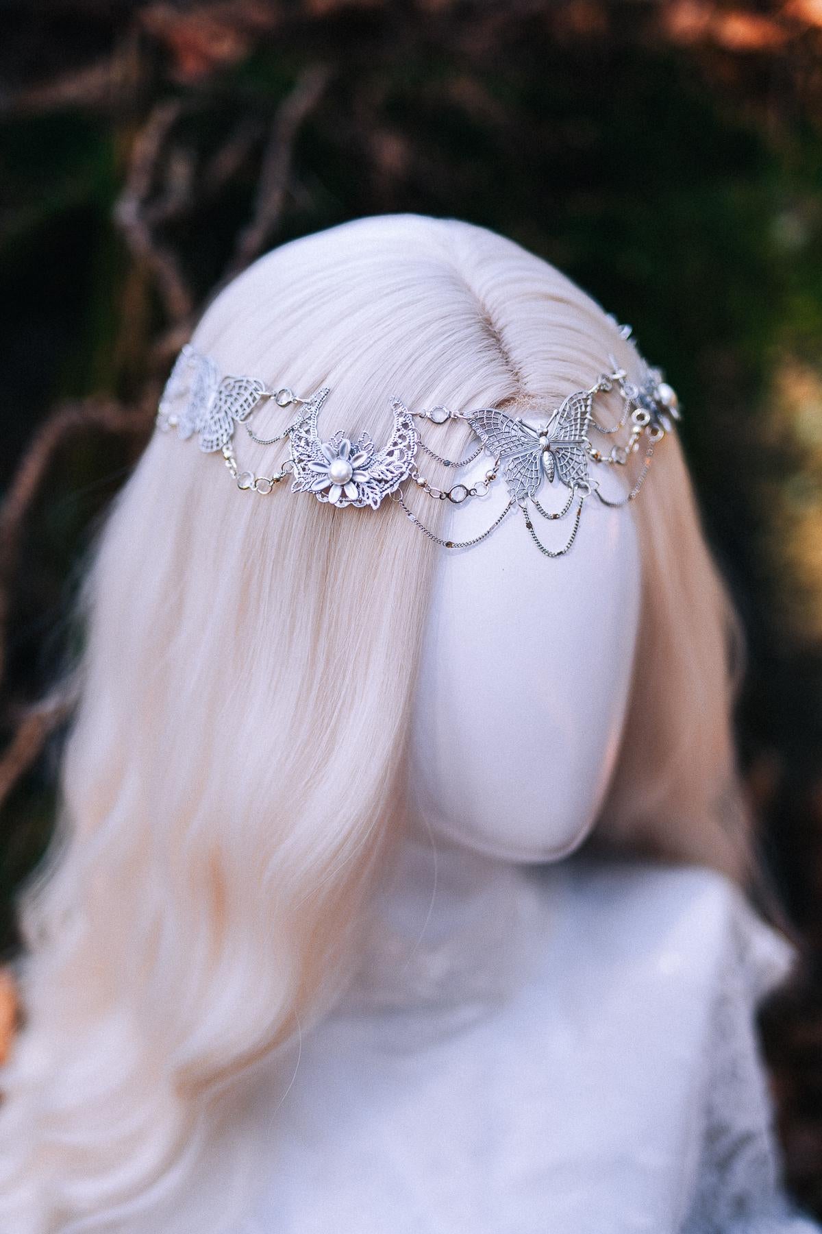 Silver Halo Crown Boho Bridal Crown Butterfly Wedding Headpiece Festival Bride