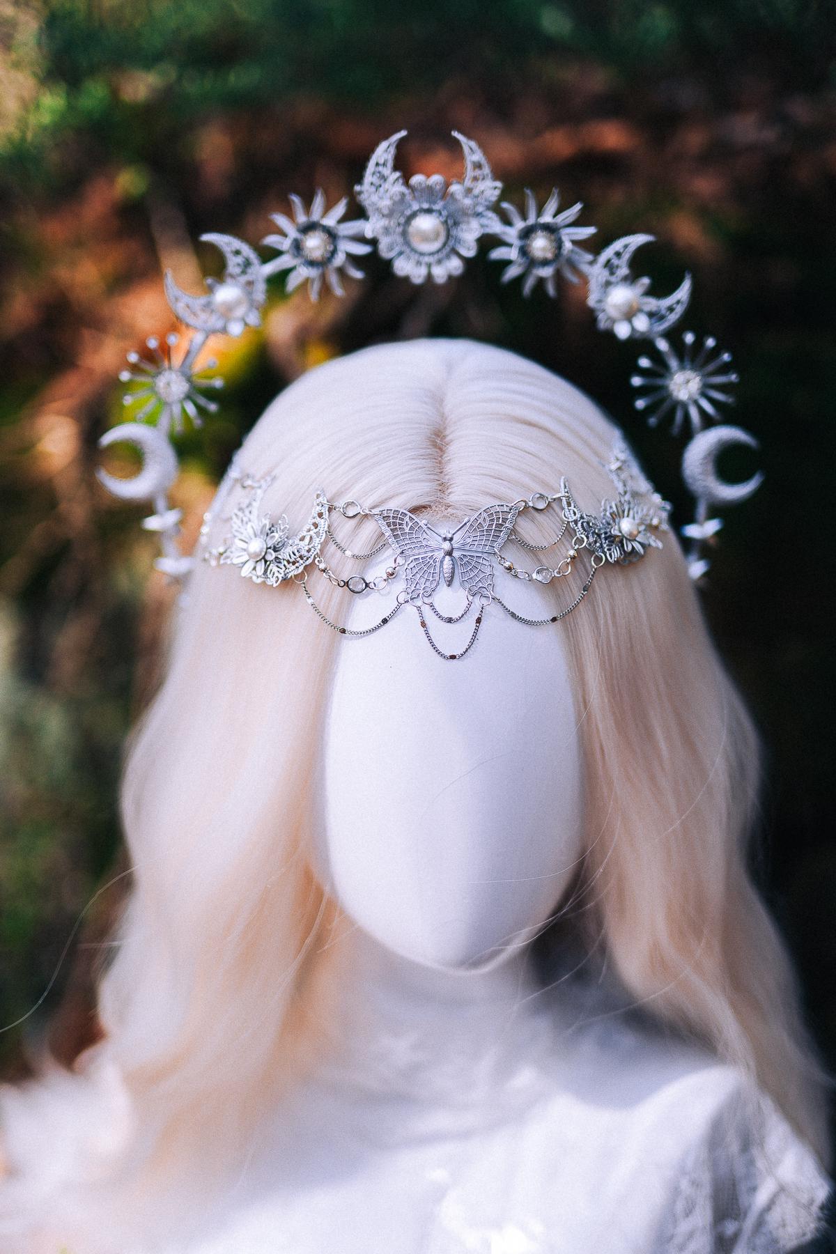 Silver Halo Crown Boho Bridal Crown Butterfly Wedding Headpiece Festival Bride