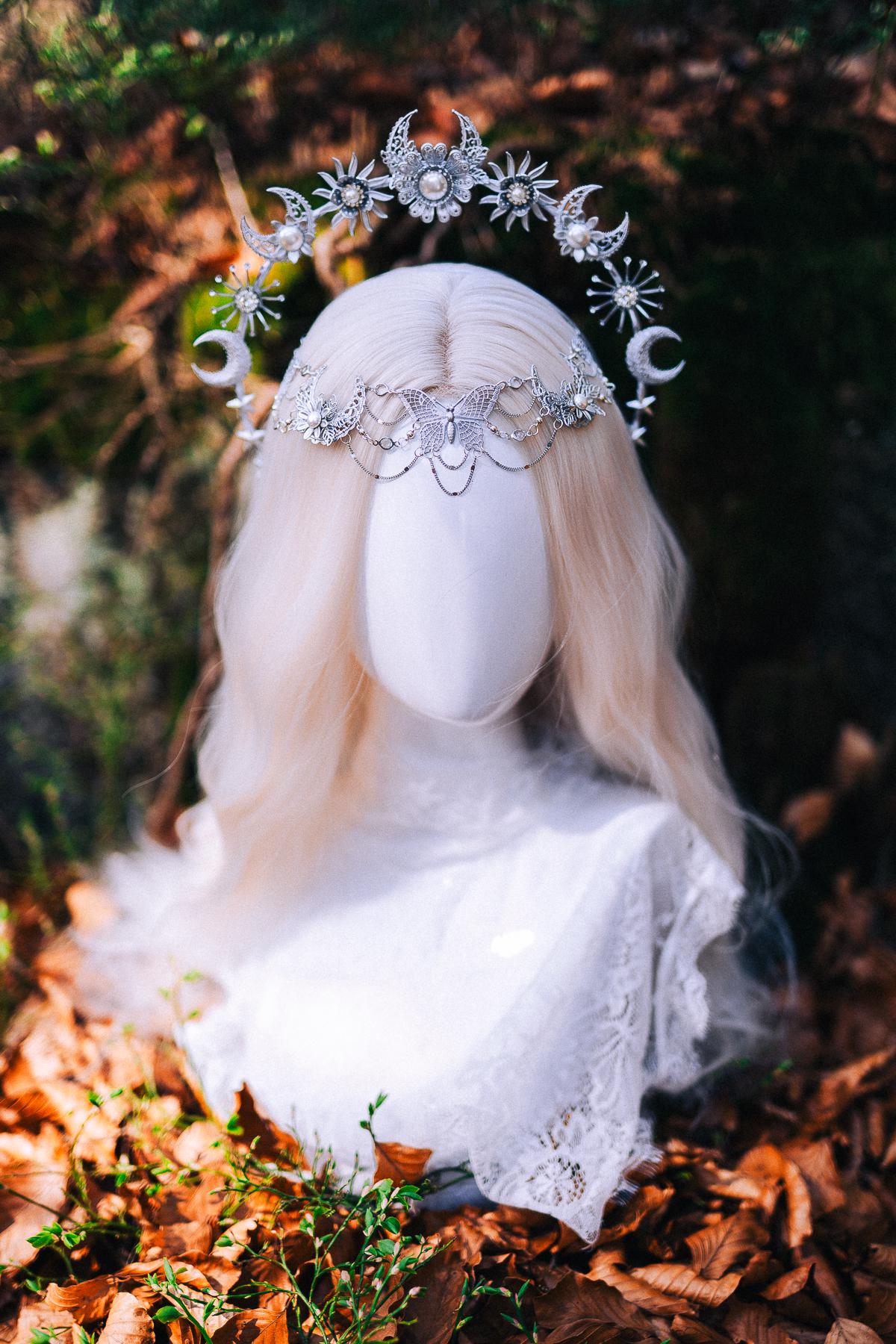 Silver Halo Crown Boho Bridal Crown Butterfly Wedding Headpiece Festival Bride
