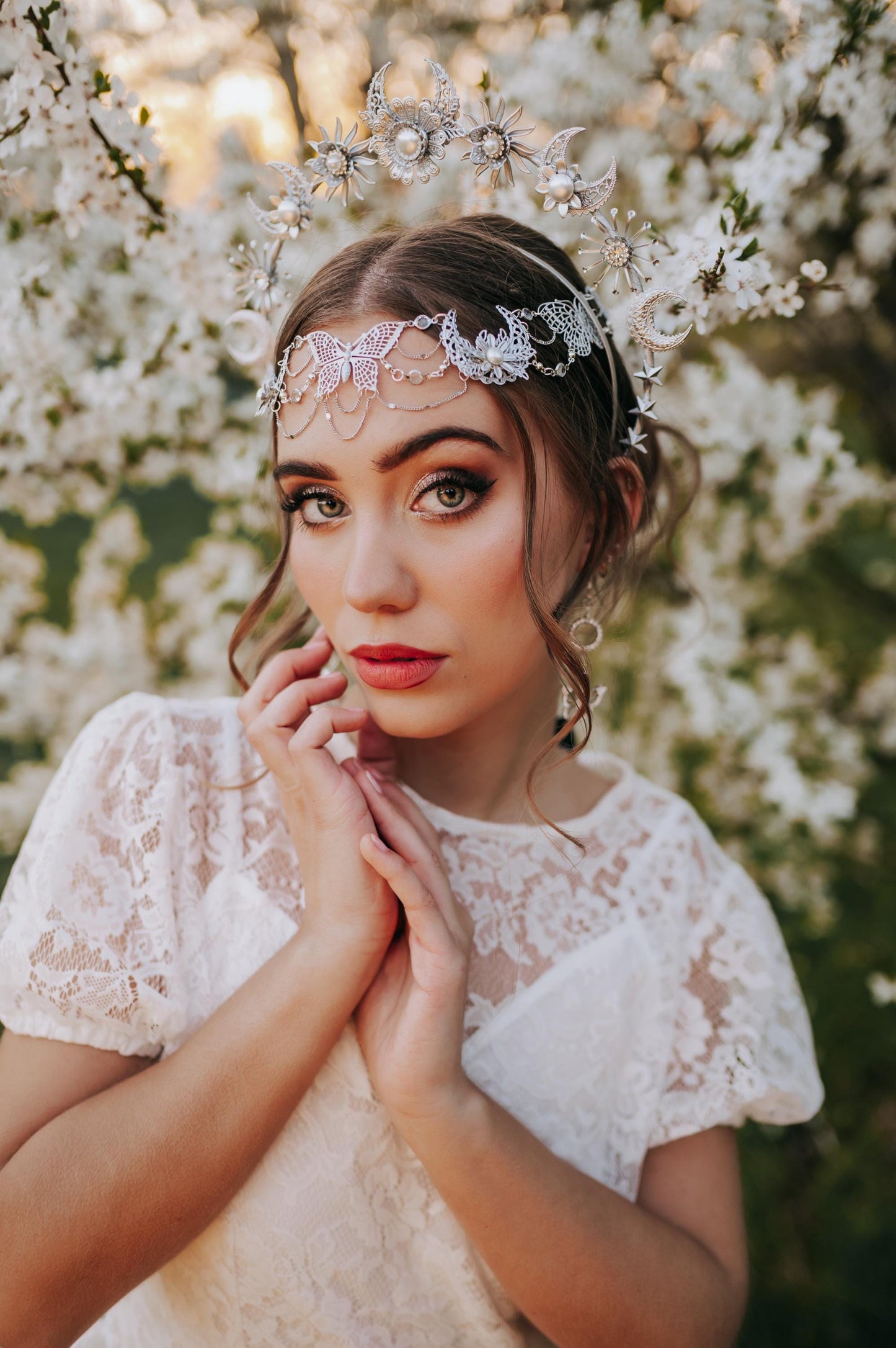 Silver Halo Crown Boho Bridal Crown Butterfly Wedding Headpiece Festival Bride