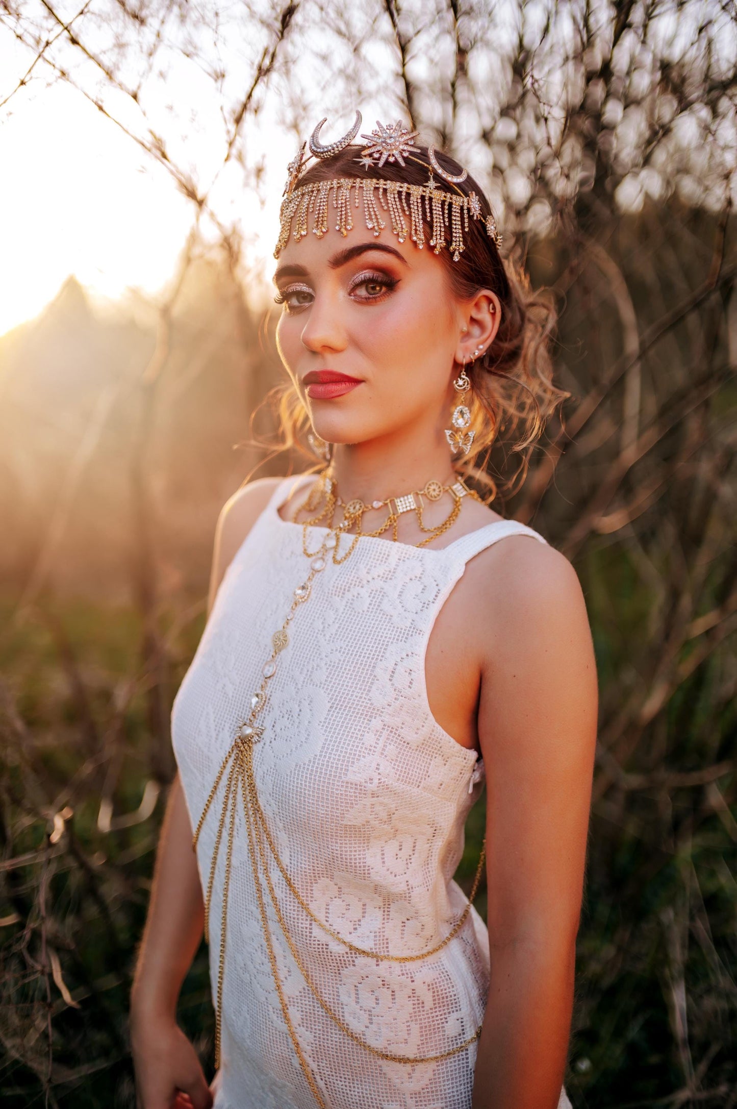 Gold Boho Body Chain Harness: Festival Goddess Bridal Jewelry Set