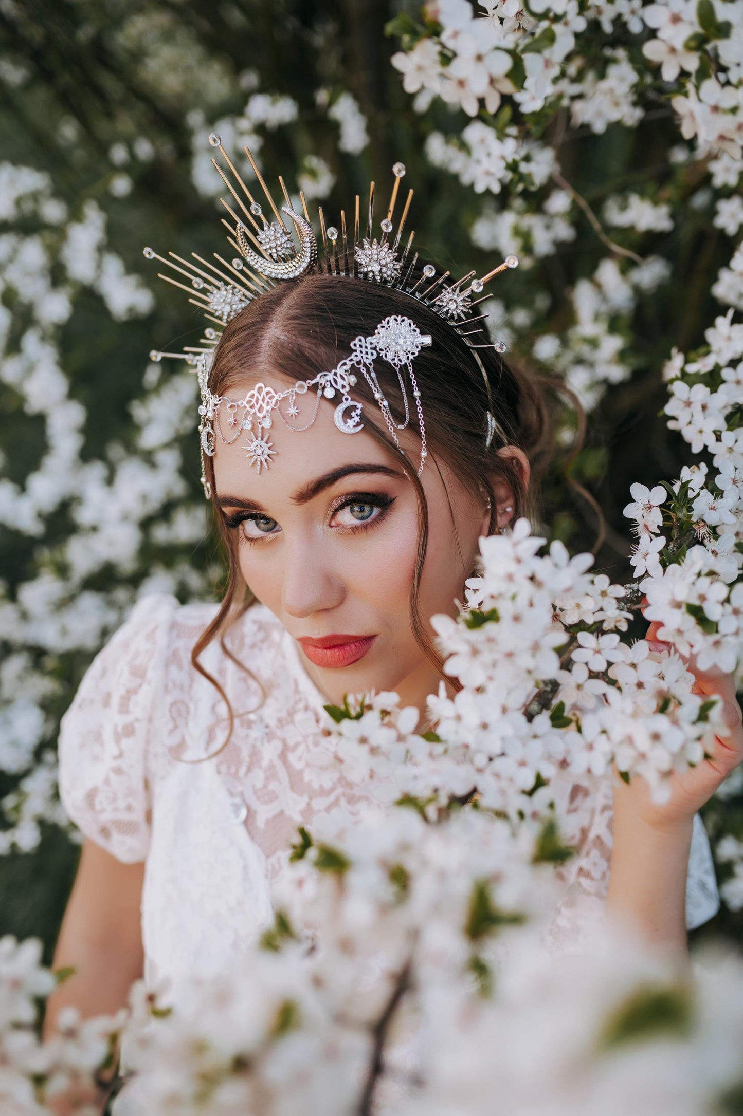 Celestial Forehead Hair Chain Silver Bridal Headpiece Moon Star Hair Jewelry Festival Hairpiece