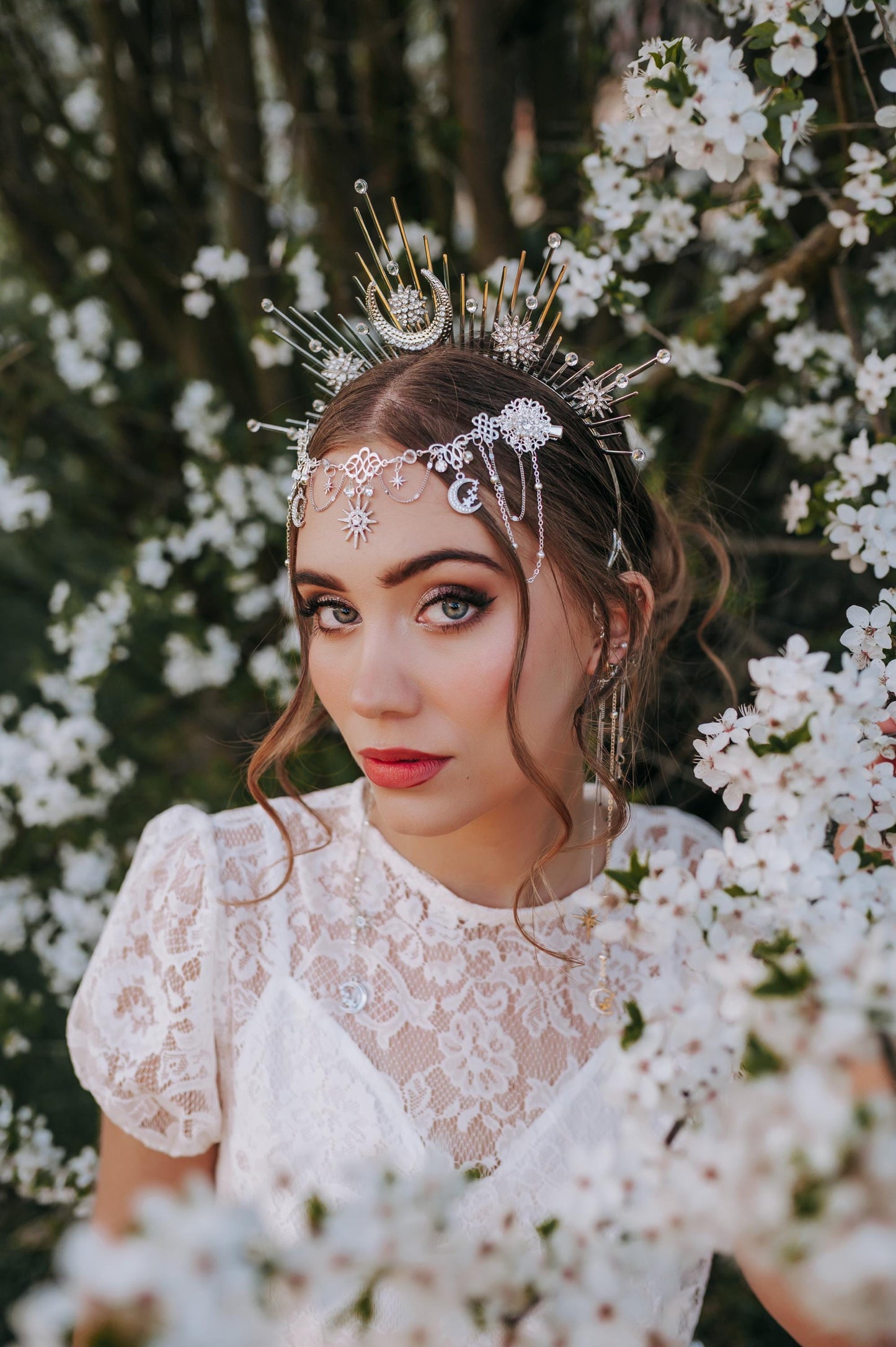 Celestial Halo Crown Silver Bridal Headpiece Moon Star Crown Fantasy Wedding Crown