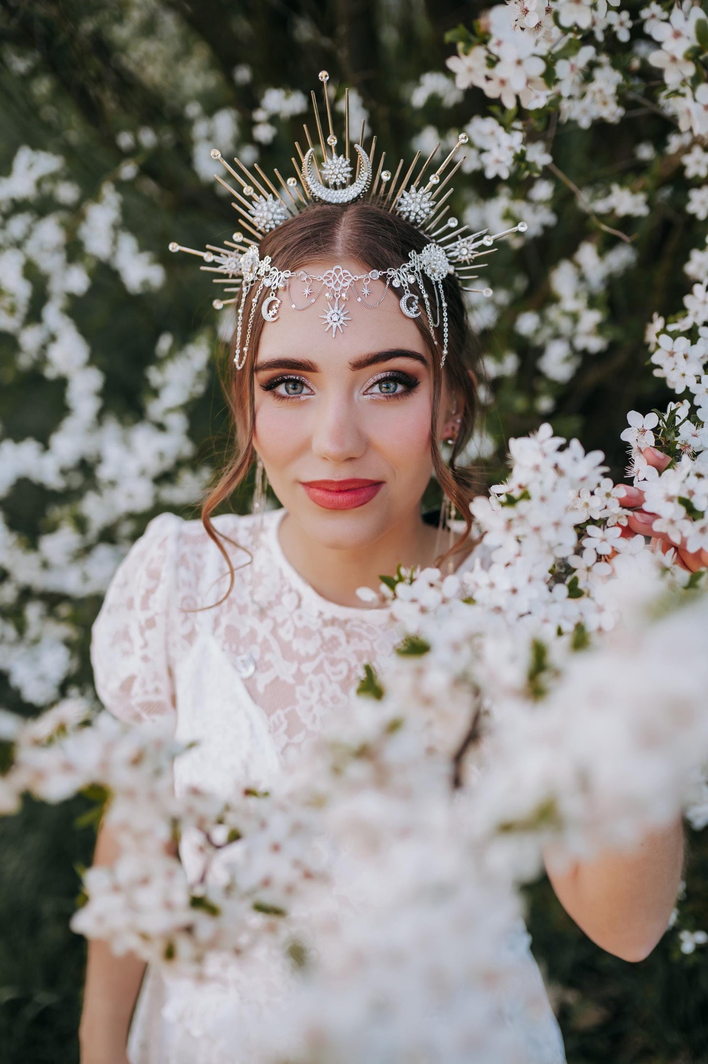 Celestial Halo Crown Silver Bridal Headpiece Moon Star Crown Fantasy Wedding Crown