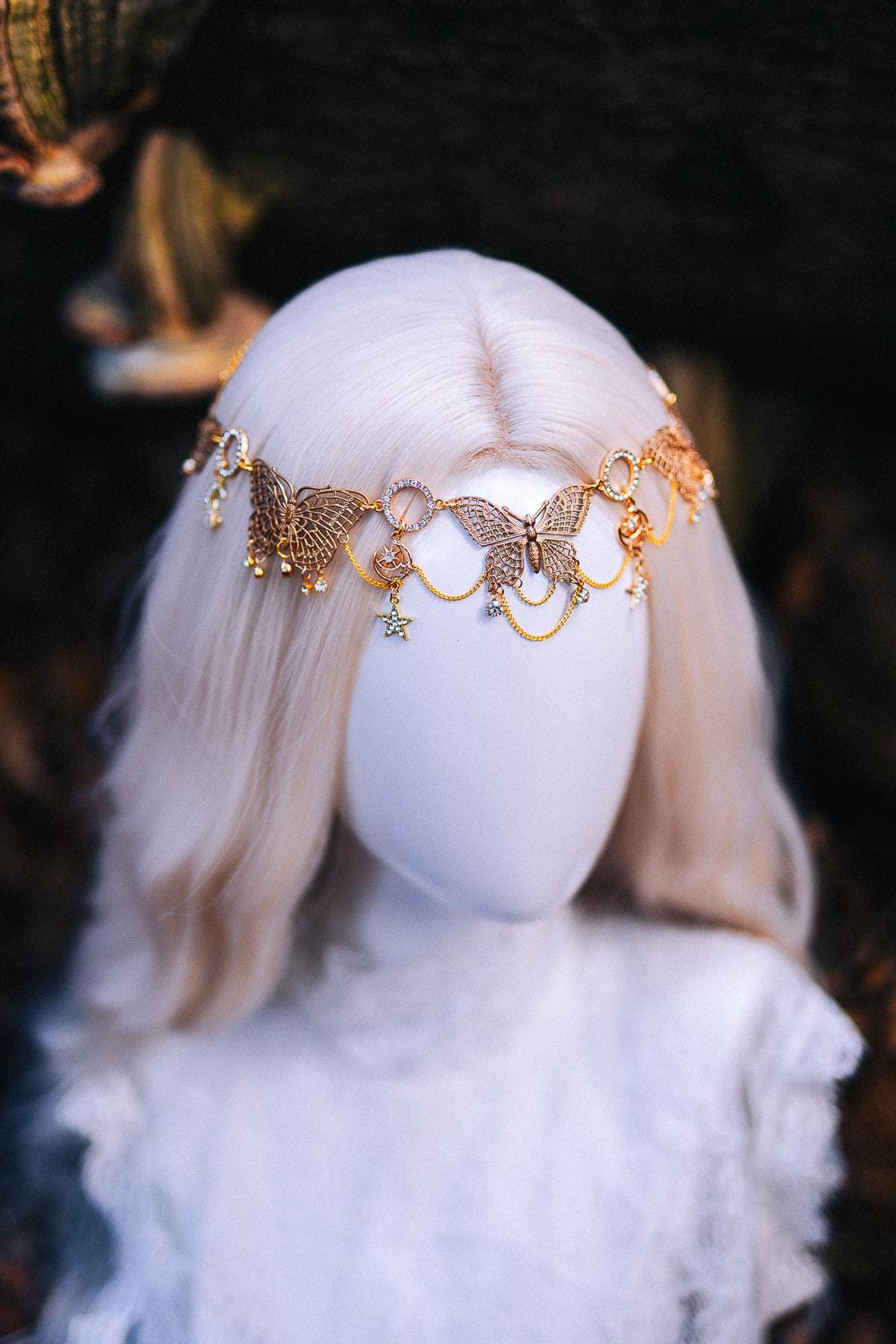 Gold Celestial Forehead Chain Headpiece: Moon Star Bridal Hair Jewelry