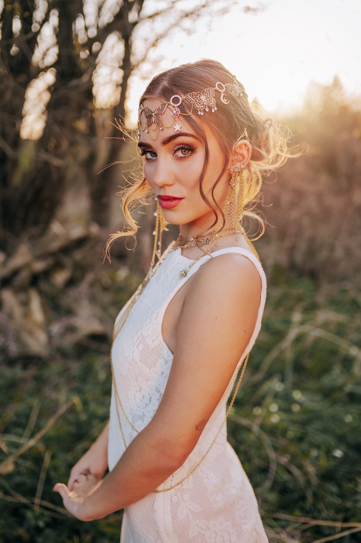 Gold Celestial Forehead Chain Headpiece: Moon Star Bridal Hair Jewelry