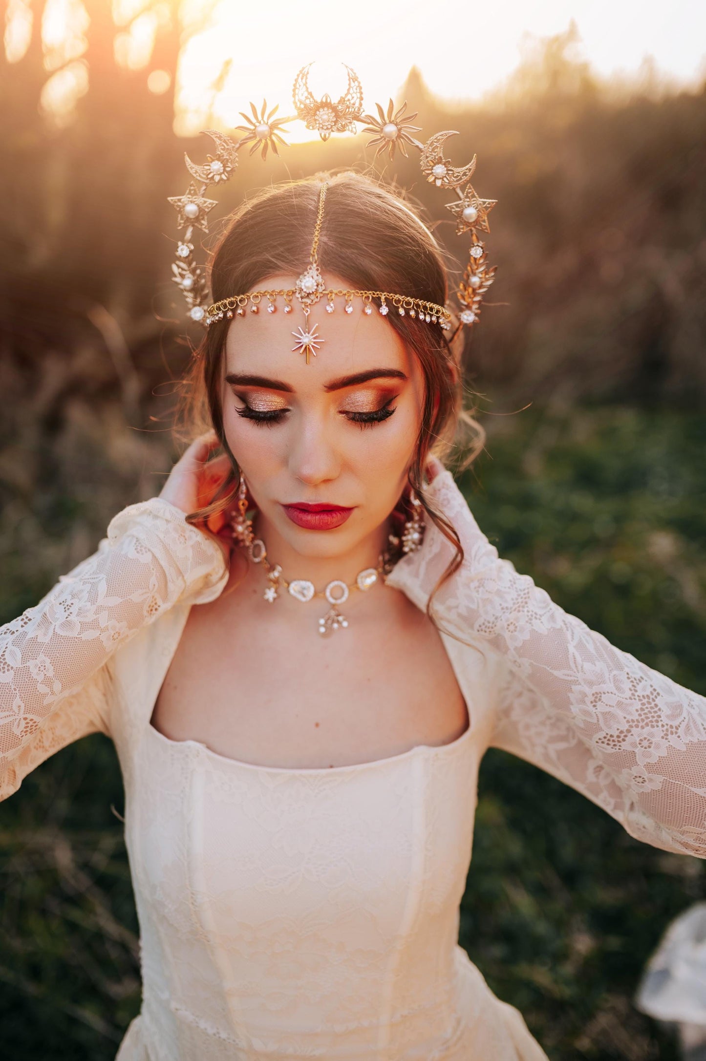 Gold Celestial Necklace Star Moon Necklace Bridal Jewelry Goddess Necklace Boho Wedding Jewelry