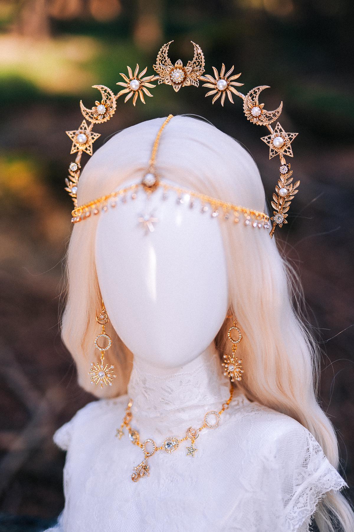 Gold Celestial Halo Crown Bridal Headpiece Star Moon Crown Goddess Wedding Crown