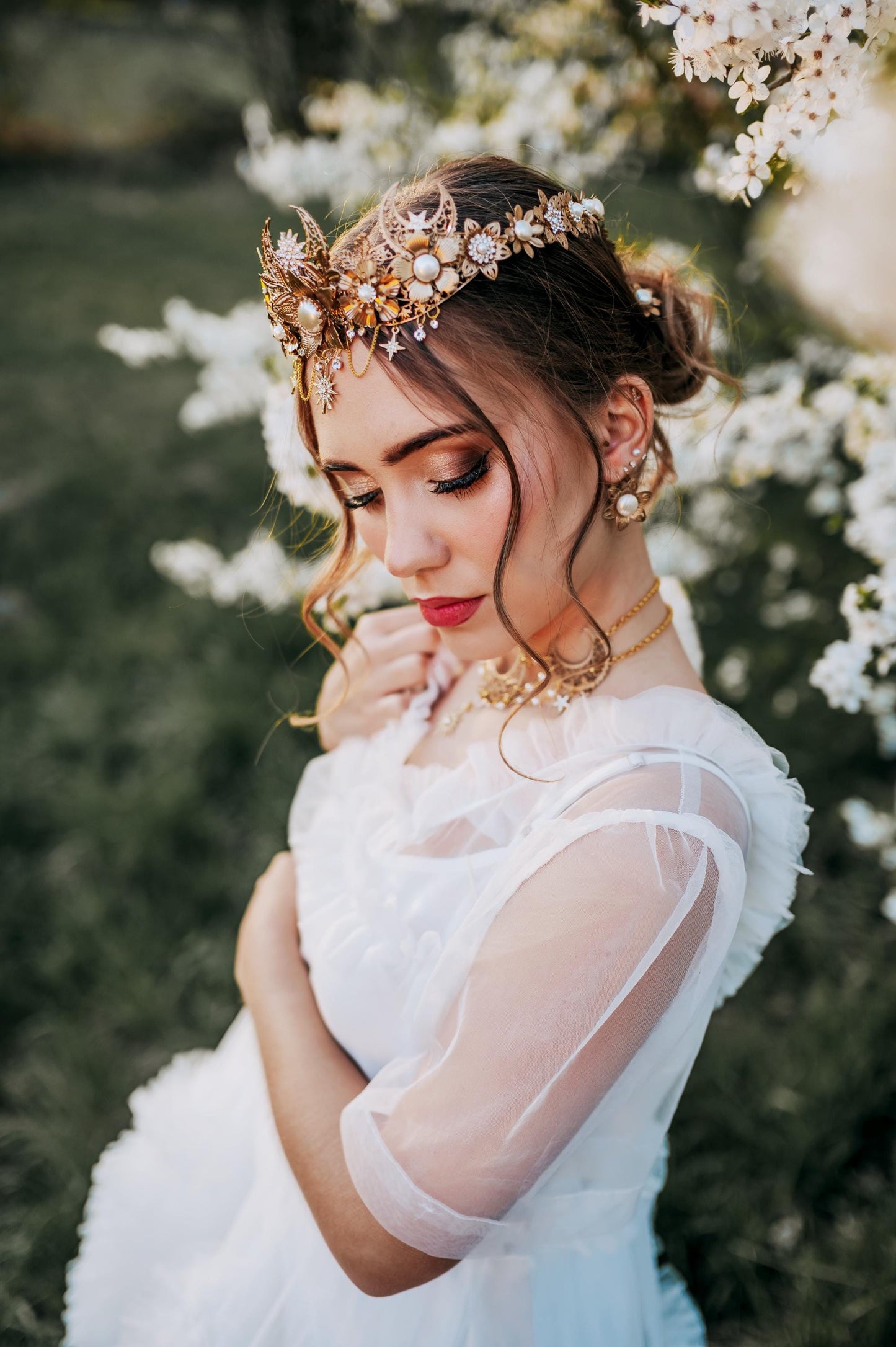 Golden Butterfly Crown Bridal Tiara Wedding Headpiece Celestial Goddess Crown