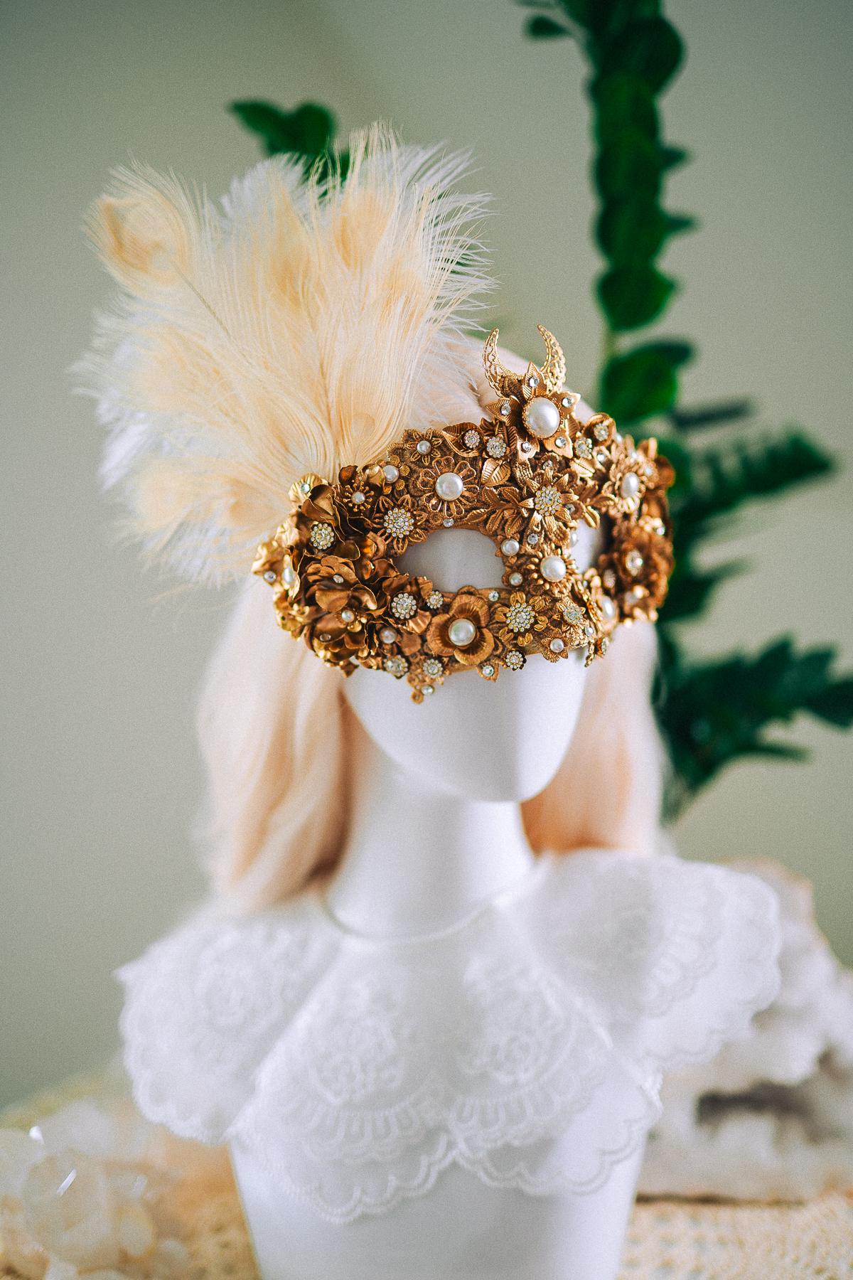 Golden Pearl Masquerade Mask: Venetian Feather Goddess Bridal Accessory