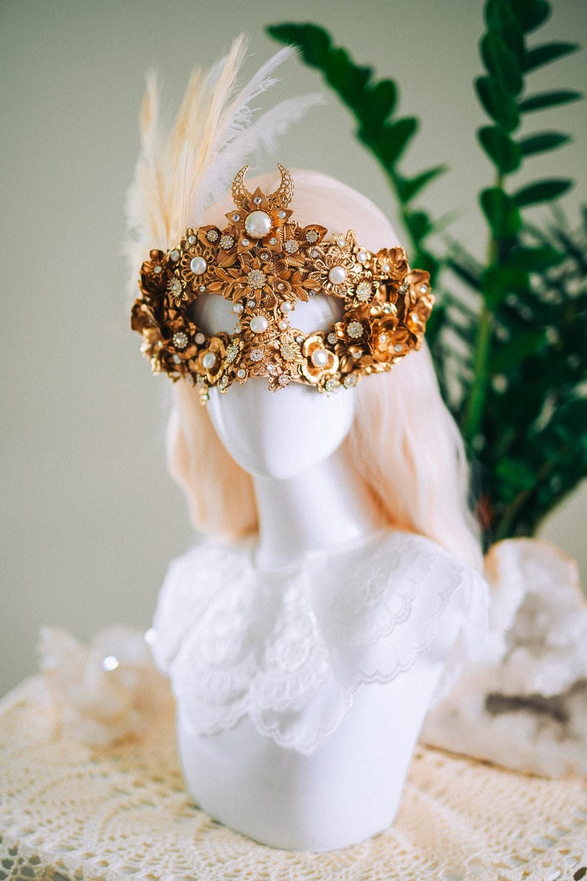 Golden Pearl Masquerade Mask: Venetian Feather Goddess Bridal Accessory