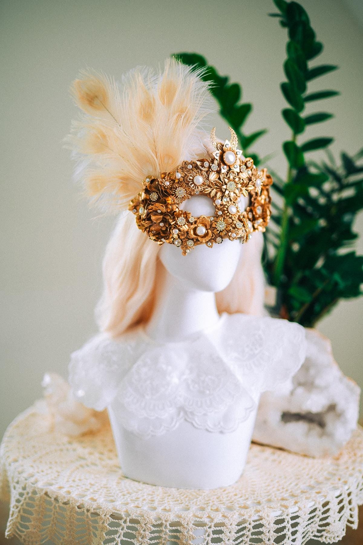 Golden Pearl Masquerade Mask: Venetian Feather Goddess Bridal Accessory