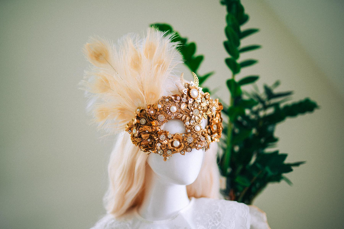 Golden Pearl Masquerade Mask: Venetian Feather Goddess Bridal Accessory