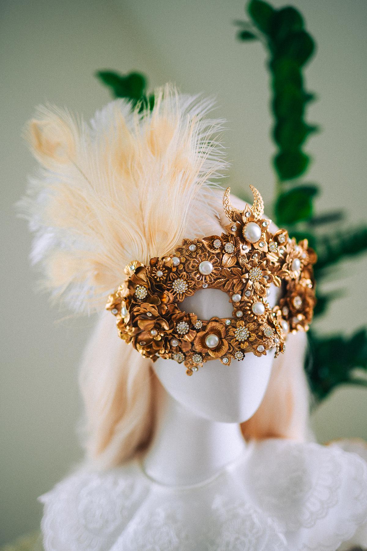 Golden Pearl Masquerade Mask: Venetian Feather Goddess Bridal Accessory
