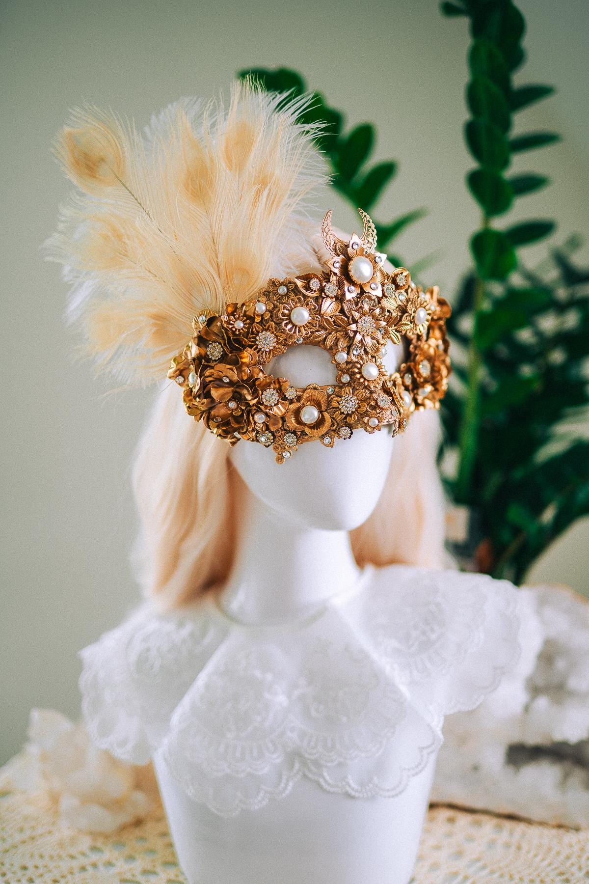 Golden Pearl Masquerade Mask: Venetian Feather Goddess Bridal Accessory