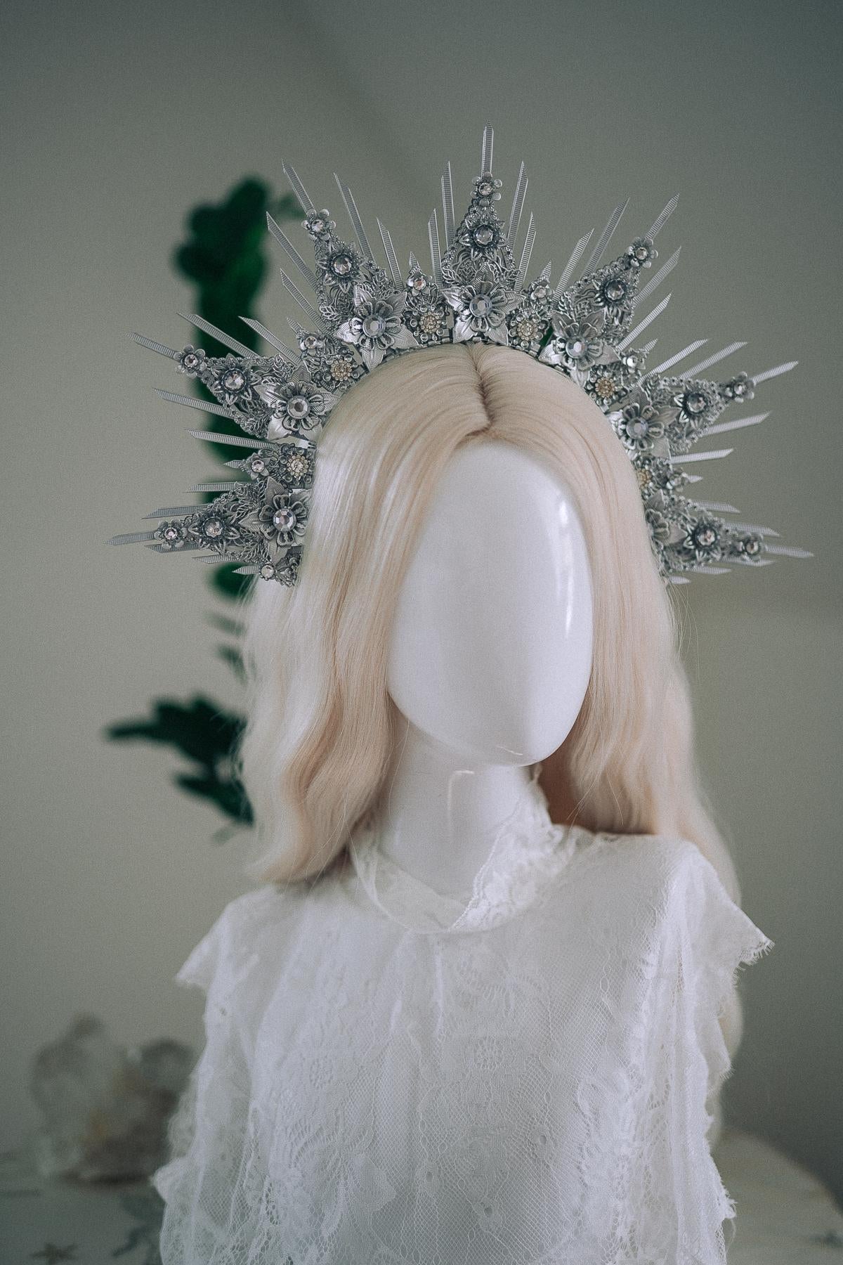 Celestial Silver Halo Crown Bridal Queen Tiara Wedding Headpiece