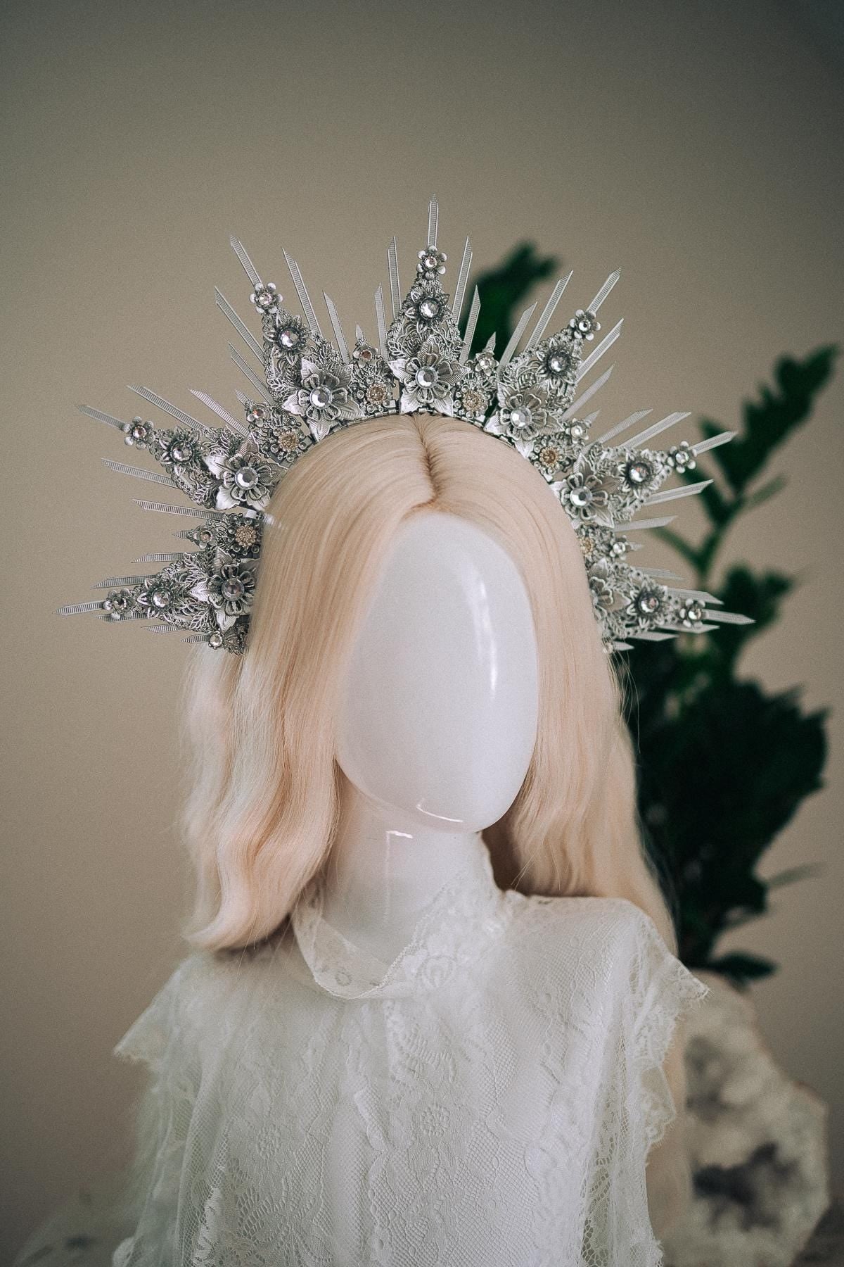 Celestial Silver Halo Crown Bridal Queen Tiara Wedding Headpiece